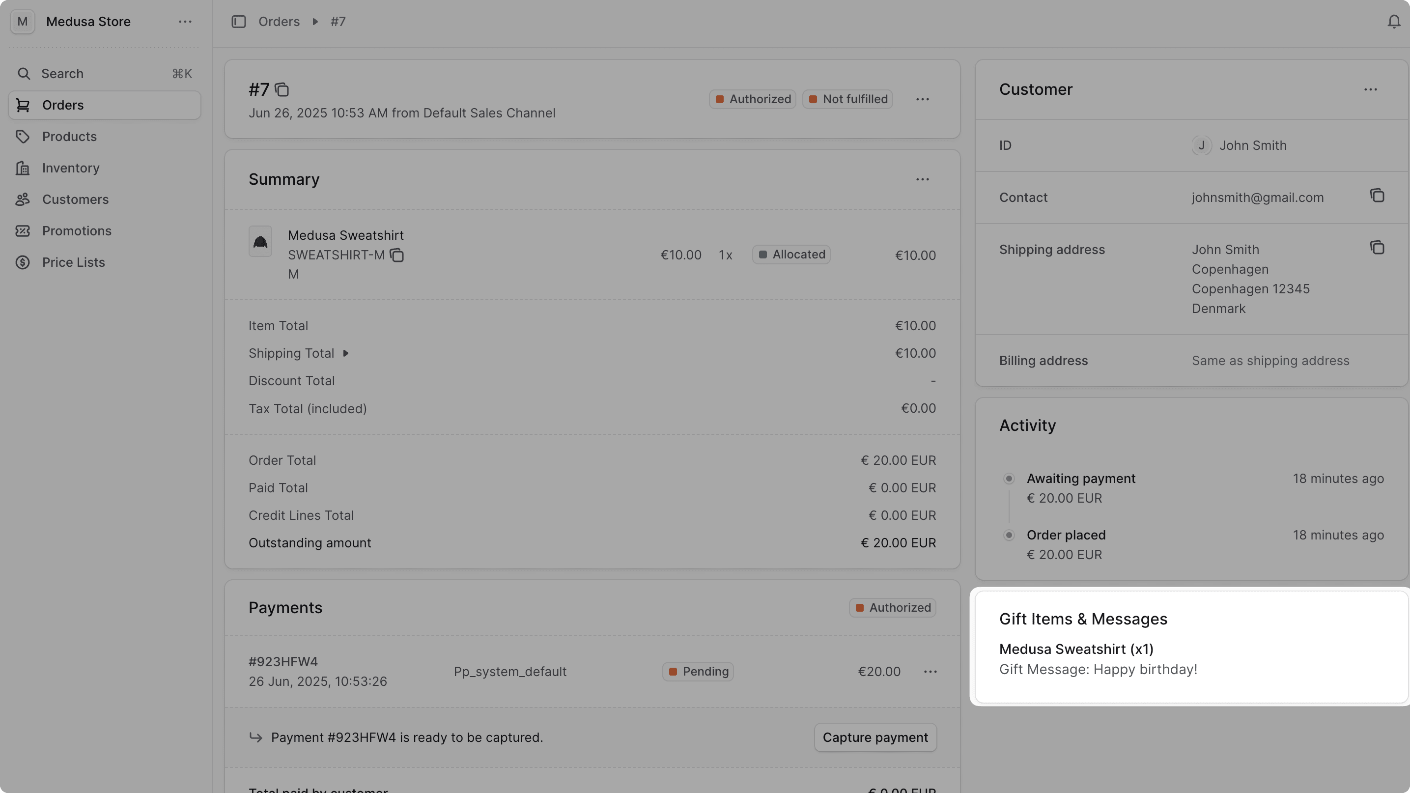 Order details page in the Medusa Admin with the "Gift Items & Messages" section highlighted