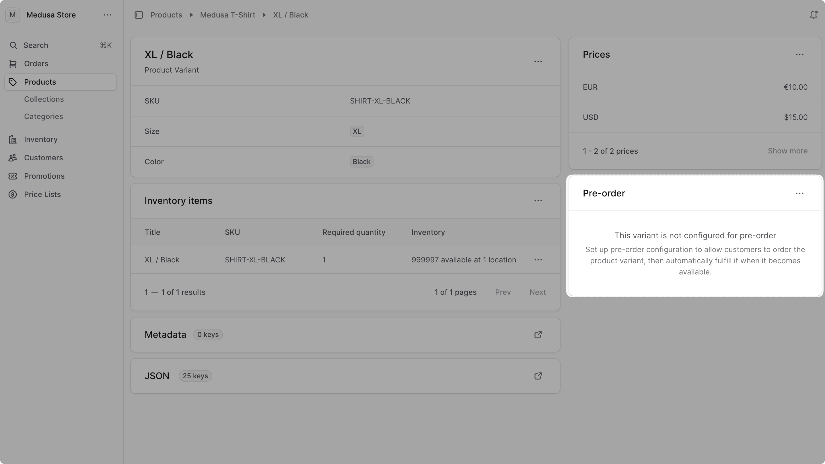 Pre-order variant widget in the Medusa Admin dashboard