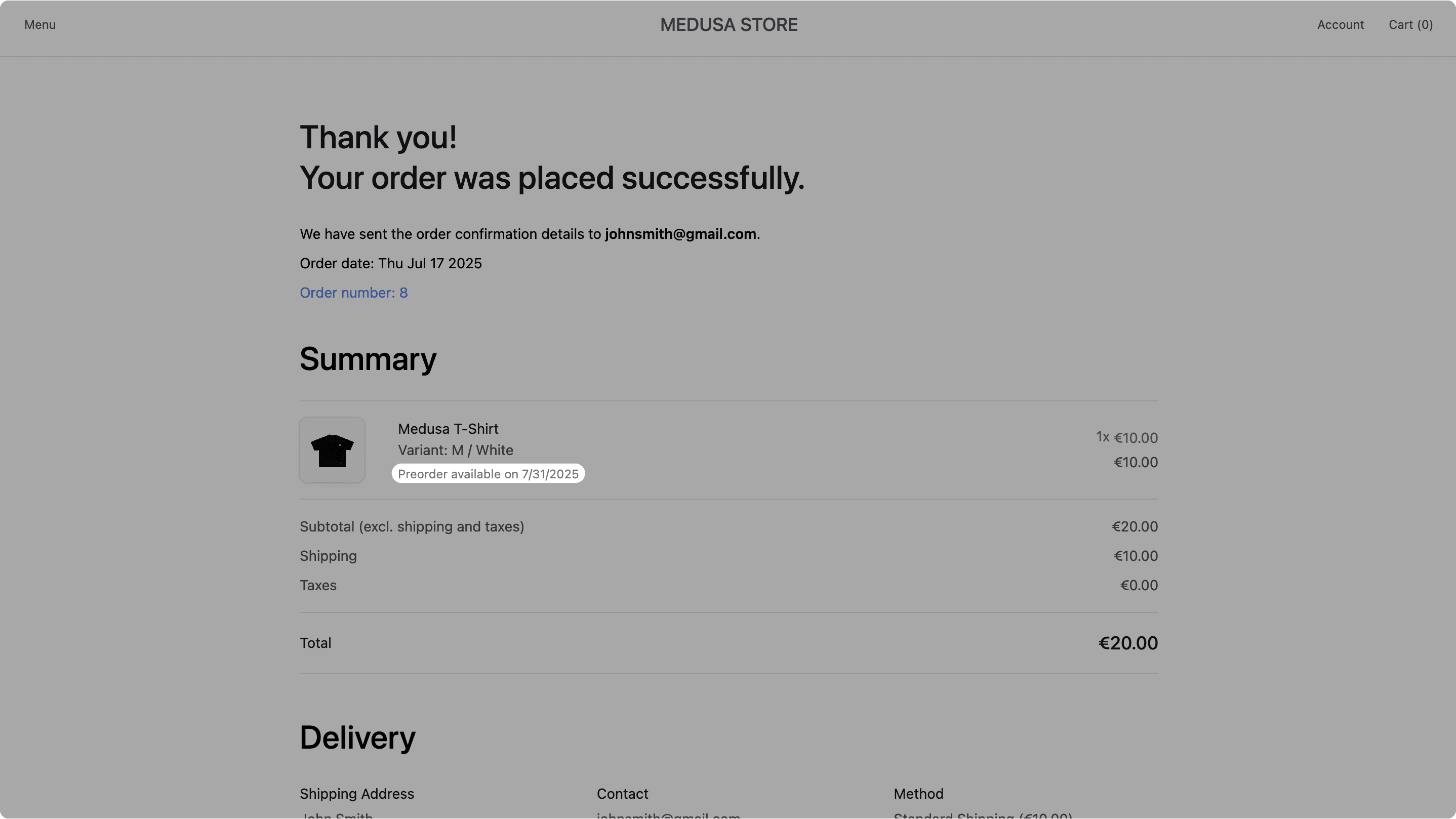 Pre-order item in the order confirmation page of the Next.js Starter Storefront