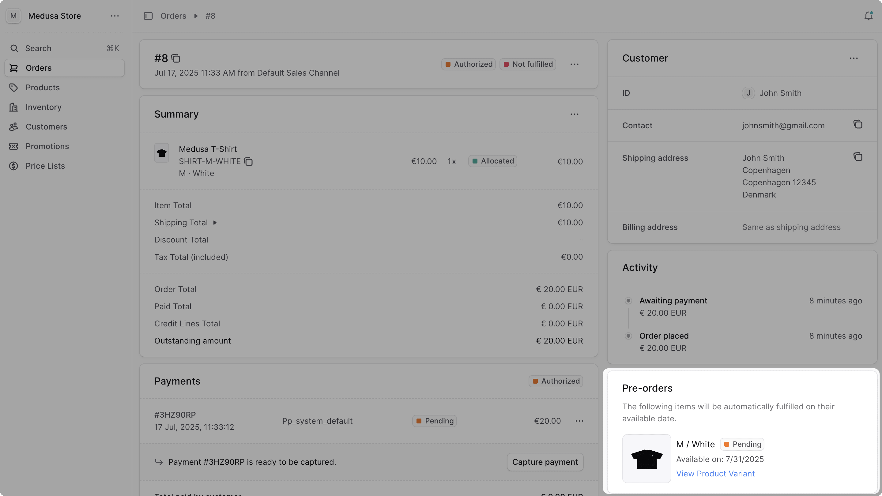 Pre-orders Section in the Medusa Admin dashboard