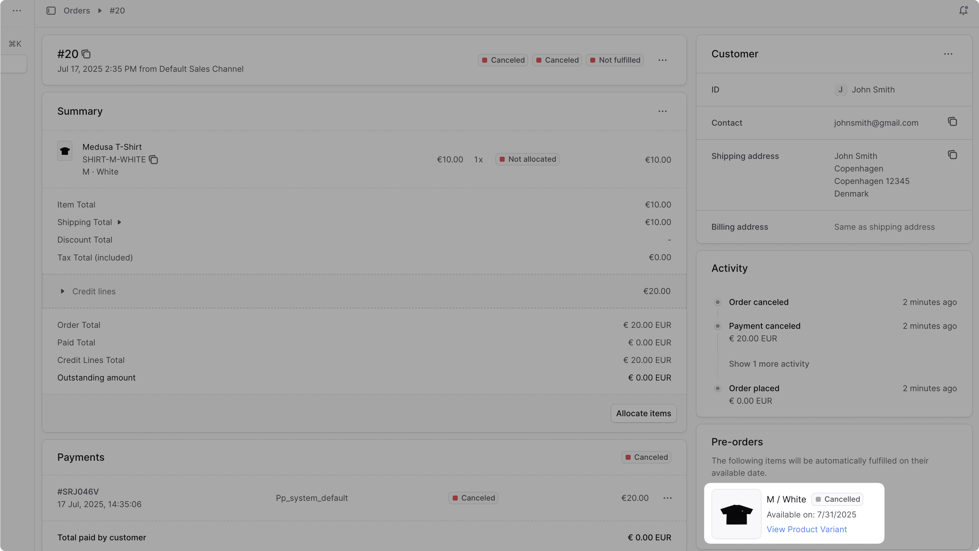 Pre-order item's status is canceled in a canceled order