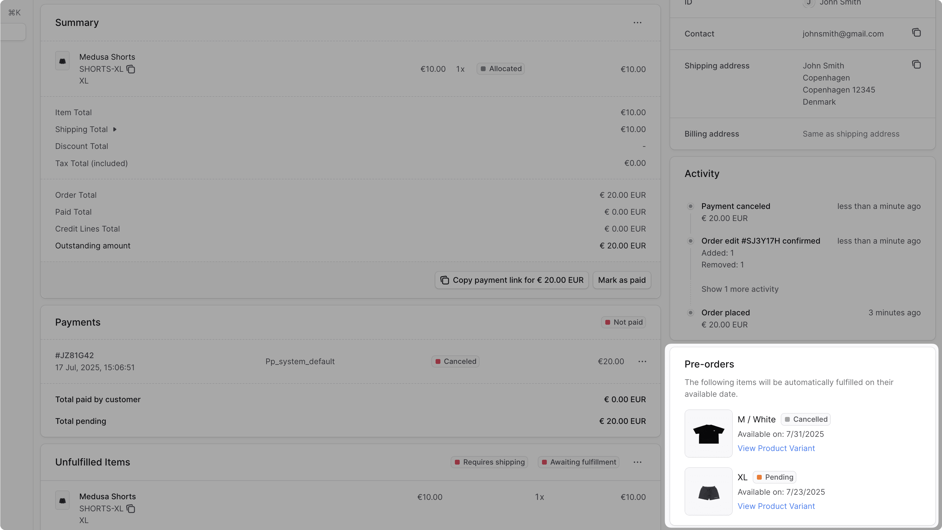Pre-order items updated in an order edit