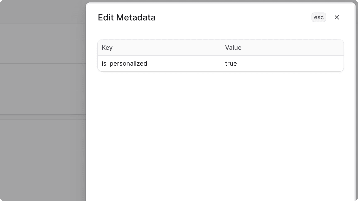 Screenshot of Medusa Admin metadata editor showing a form field with 'is_personalized' as the key and 'true' as the value