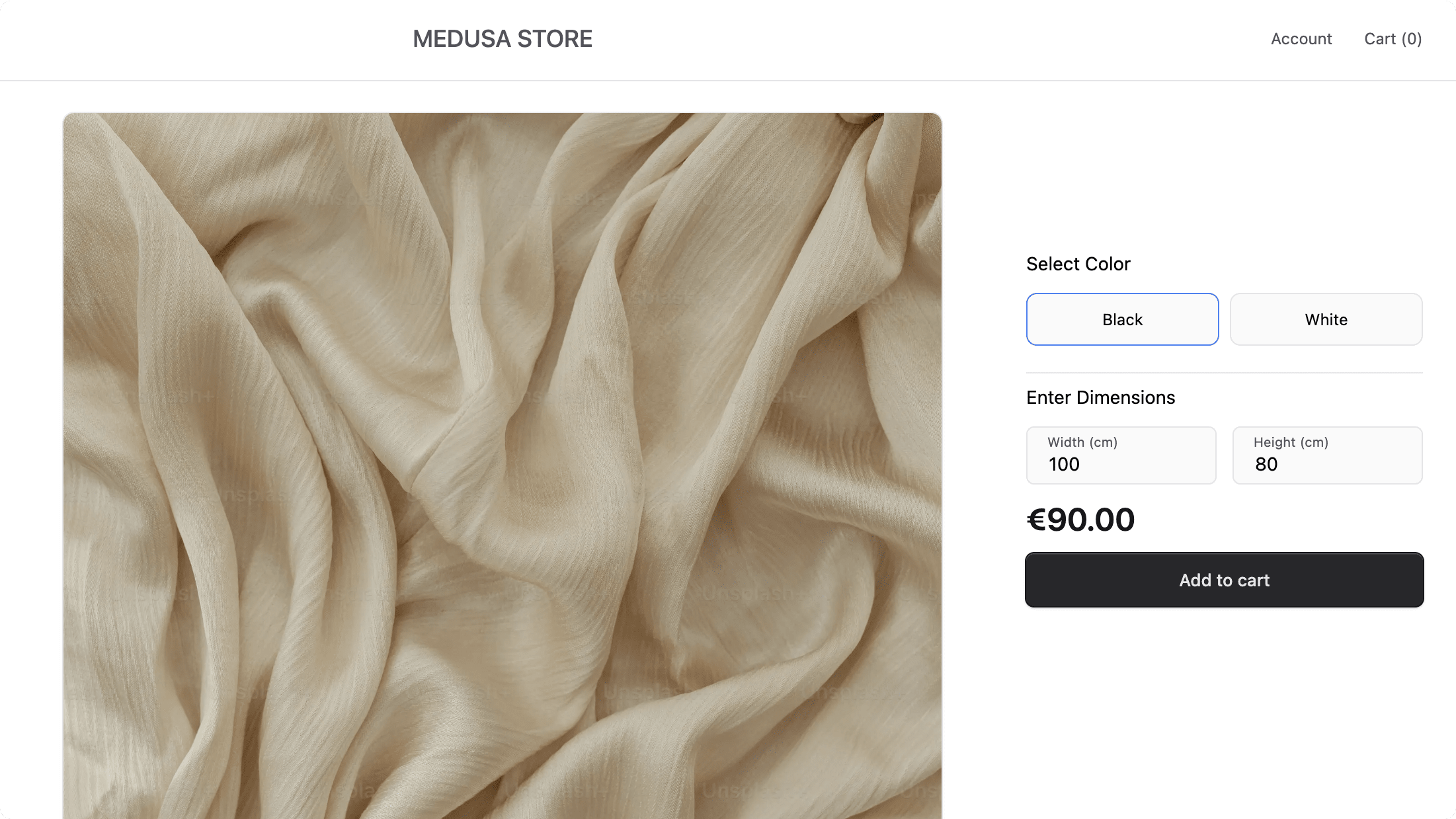 Screenshot of a product page in the Next.js storefront showing a fabric product with two input fields labeled 'Width (cm)' and 'Height (cm)' below the product options, and a calculated price displayed underneath the dimension inputs
