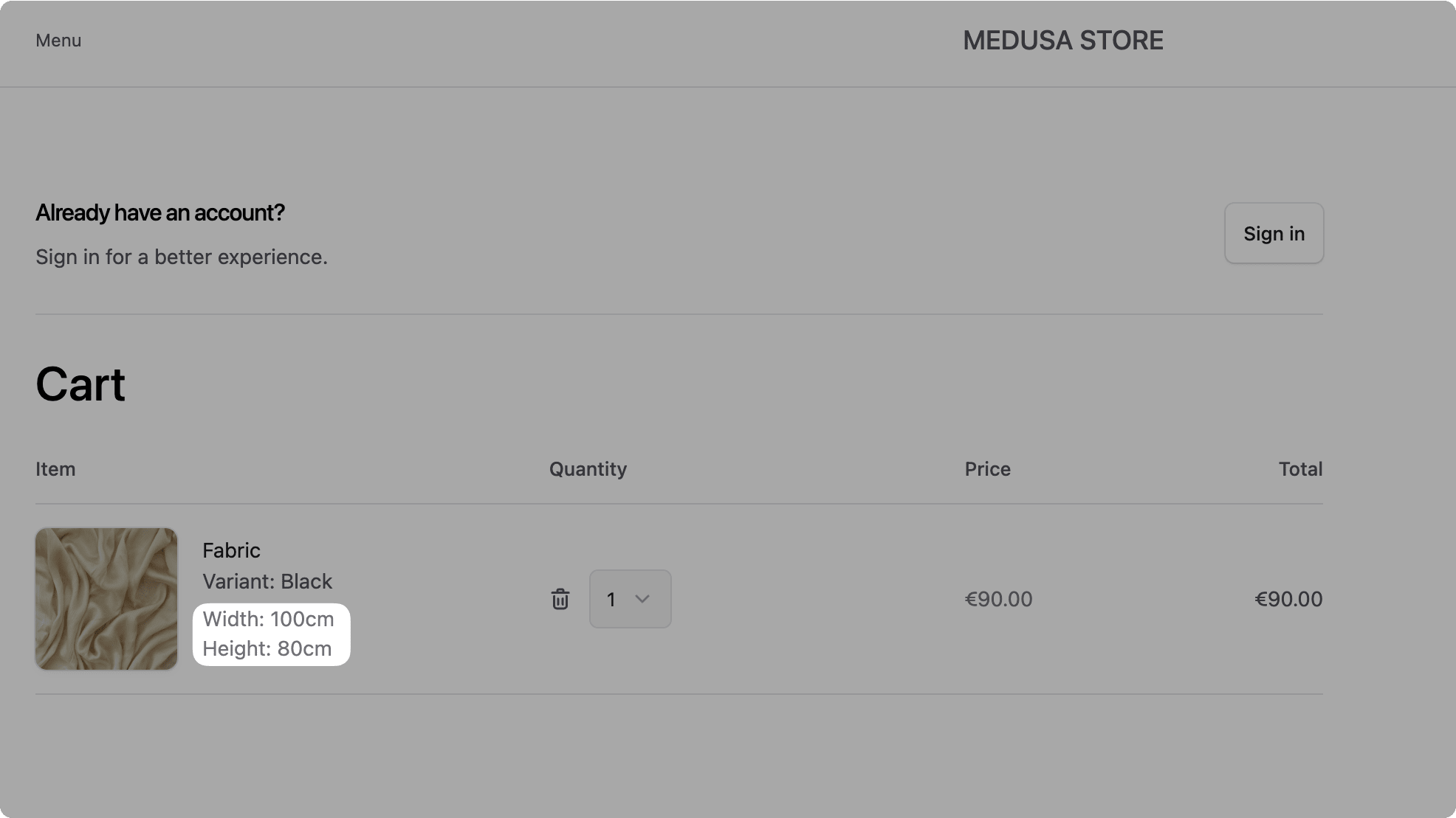 Screenshot of the shopping cart page showing a personalized fabric product with 'Width: 100cm' and 'Height: 80cm' displayed below the product variant information, demonstrating how custom dimensions are preserved in the cart