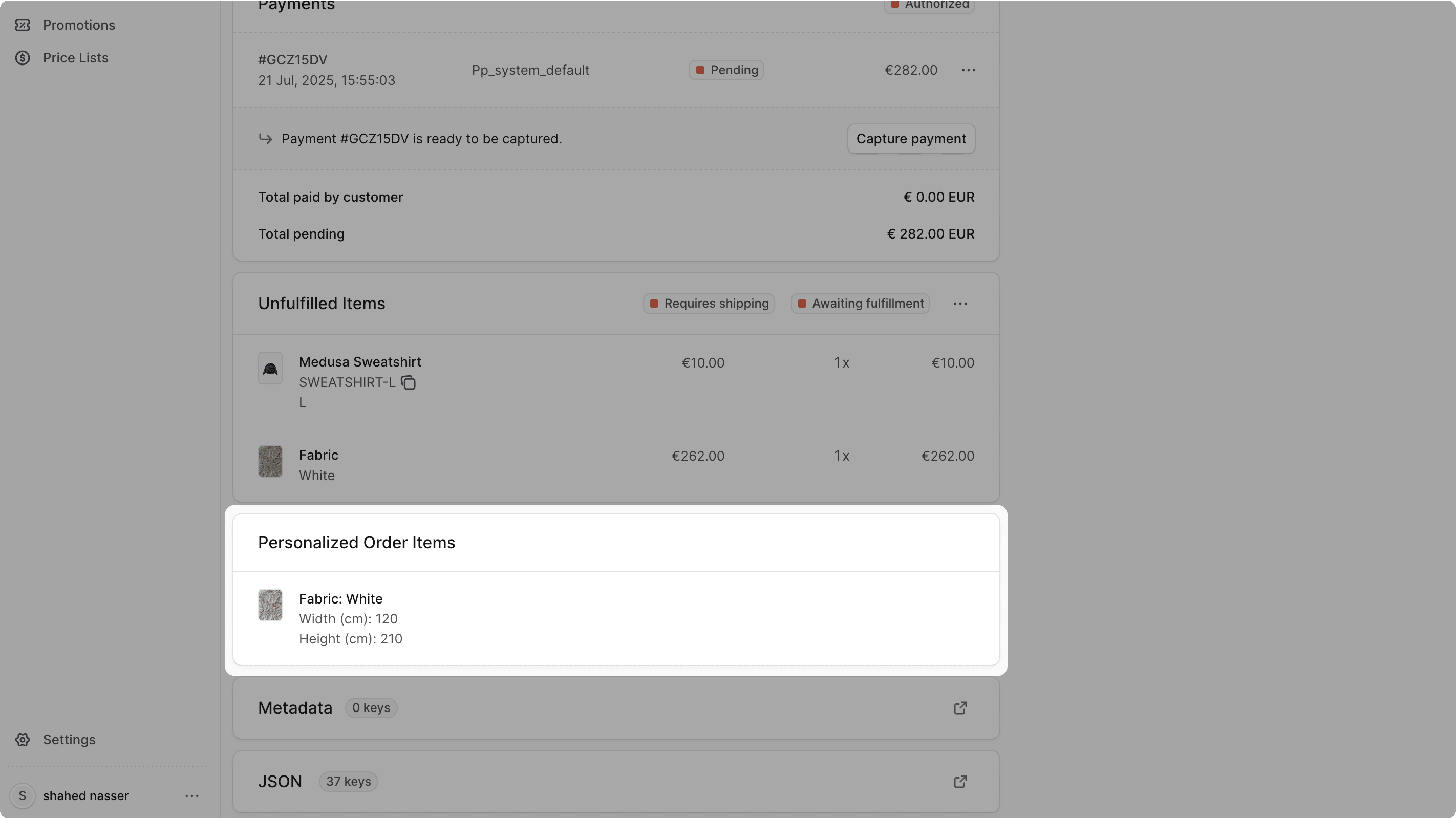 Screenshot of Medusa Admin order details page showing a custom widget titled 'Personalized Order Items' with a fabric product entry displaying the product image, title, and dimensions 'Width (cm): 100' and 'Height (cm): 80' in a clean list format