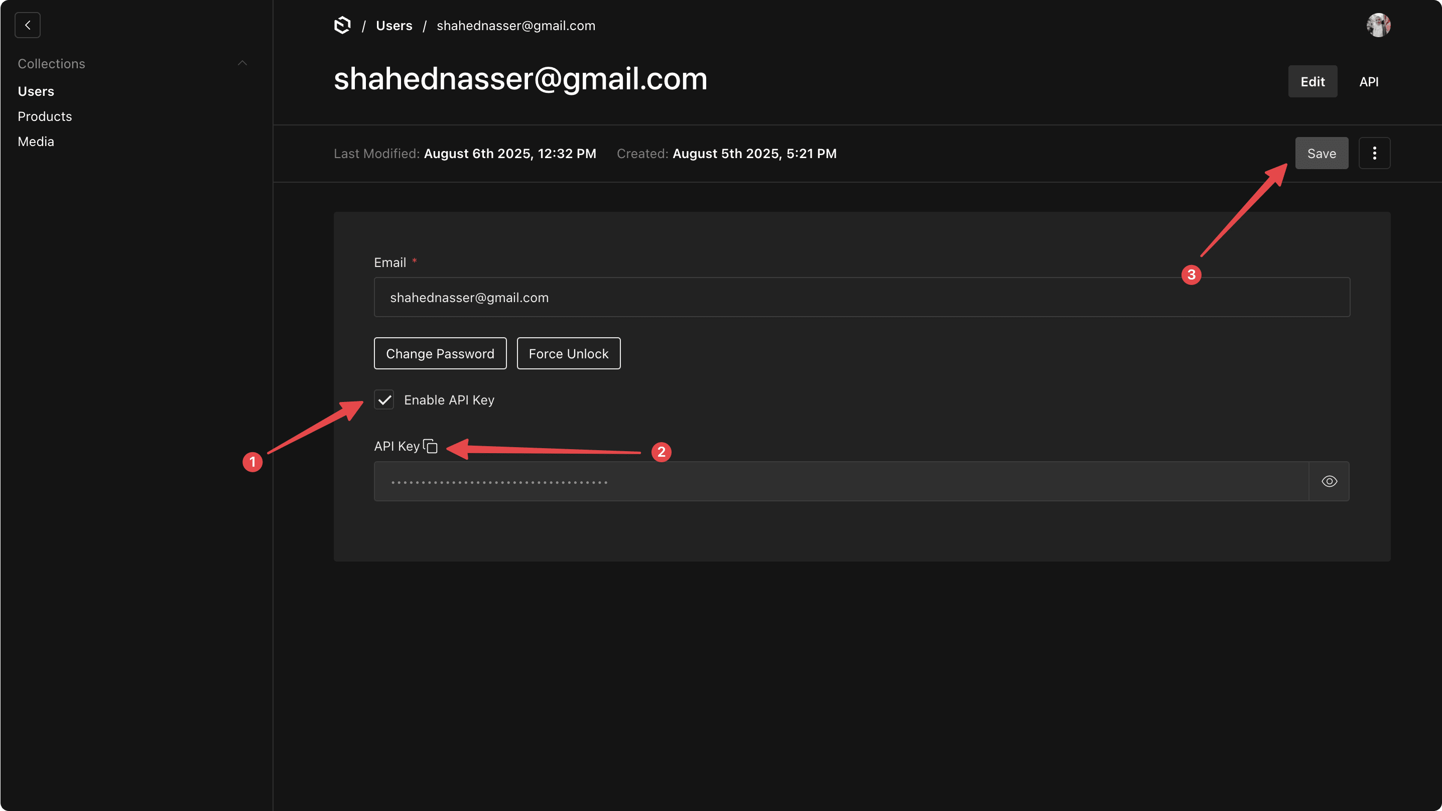 The user form with the API key enabled