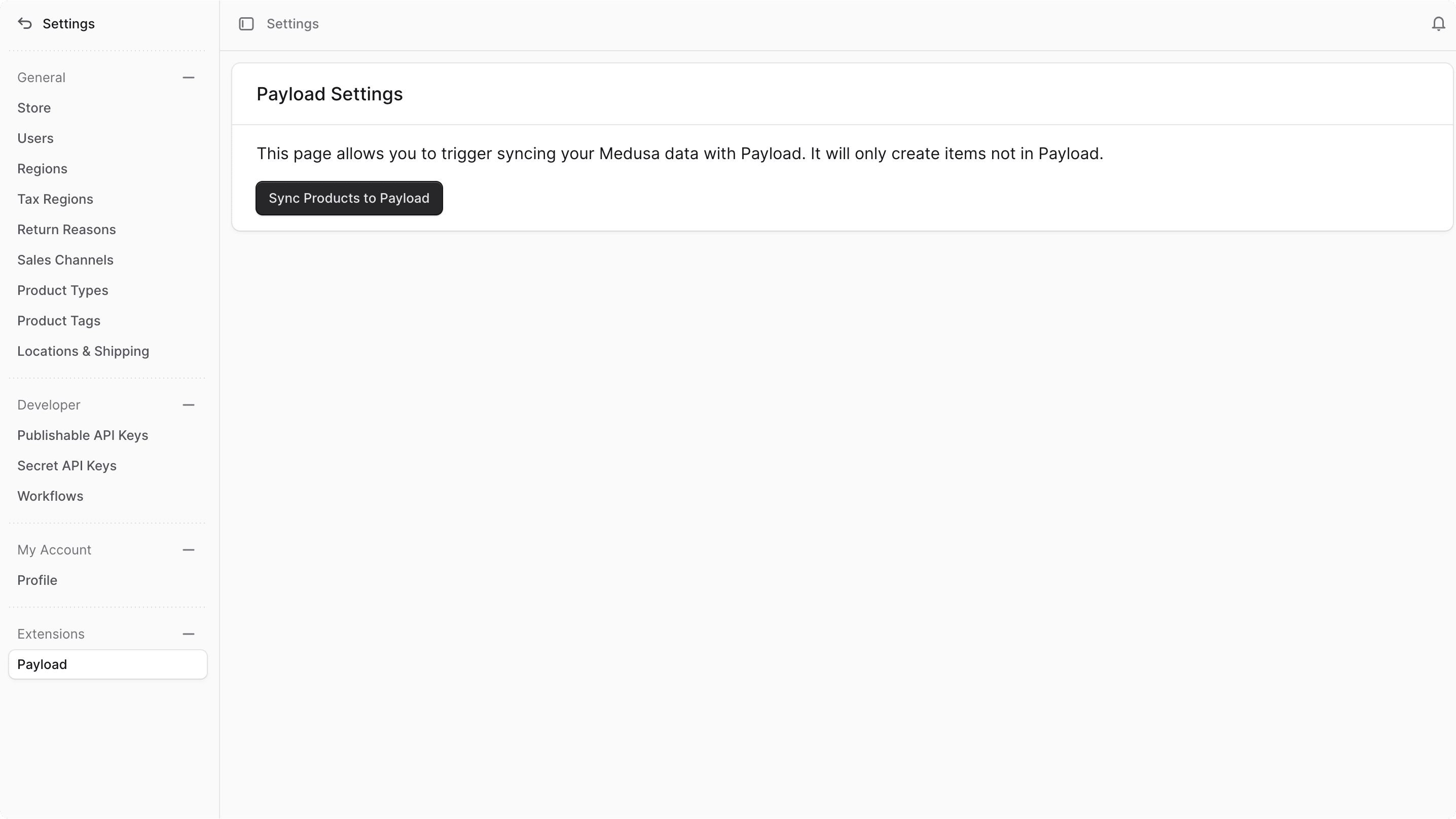 The Payload Settings page with the Sync Products button