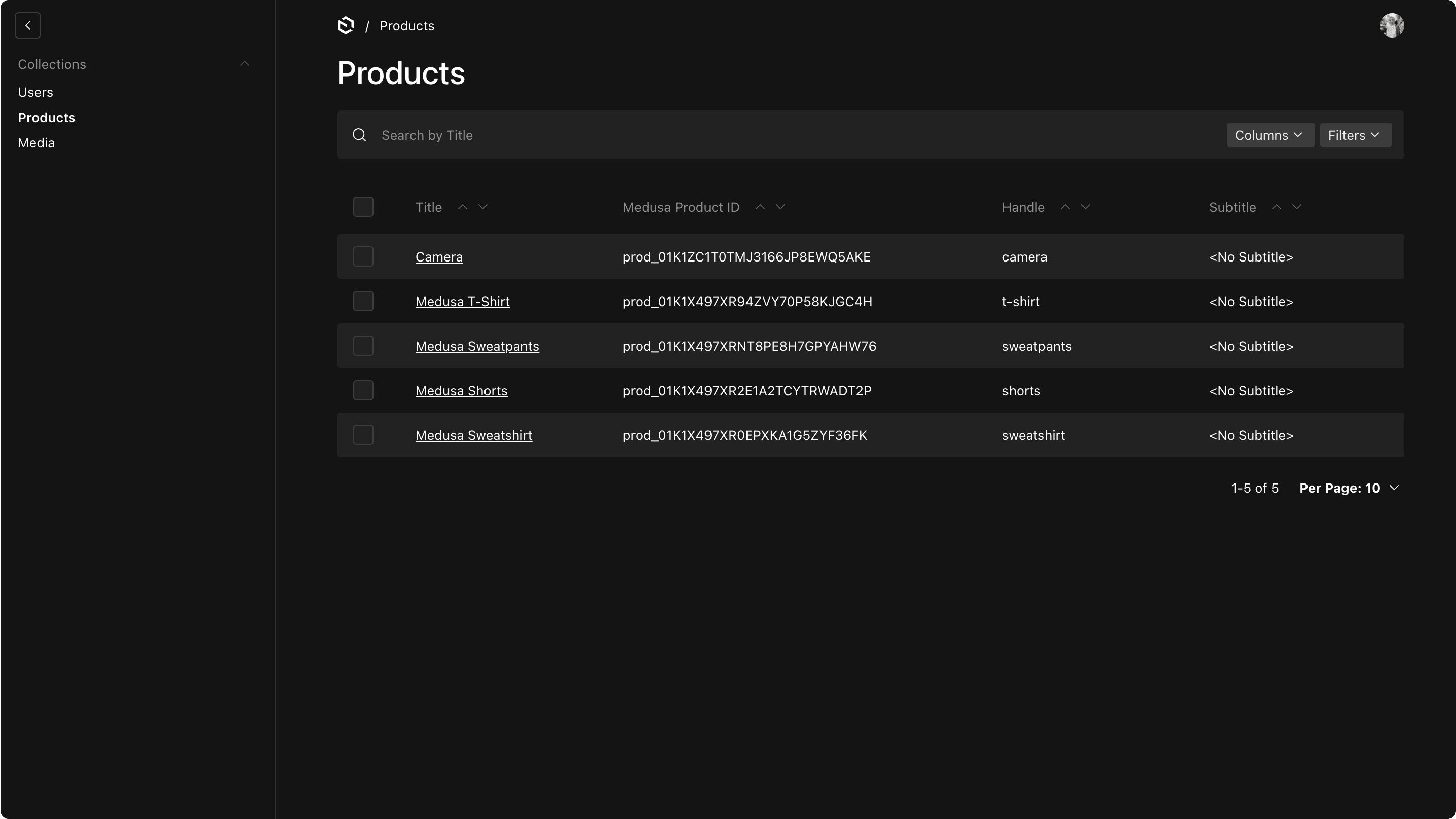 The Products collection in Payload with Medusa products