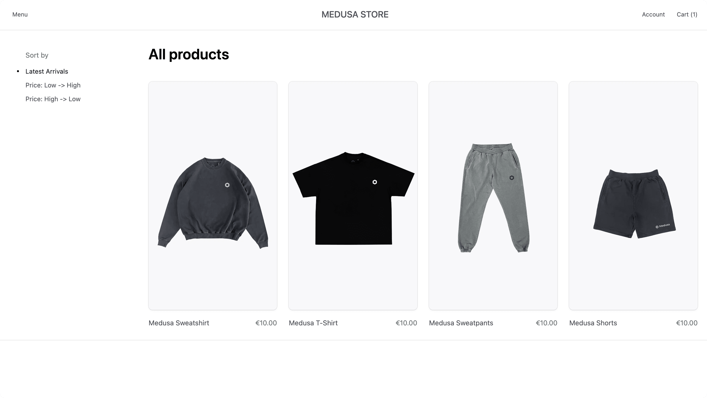 Product listing page in the storefront showing details from Payload