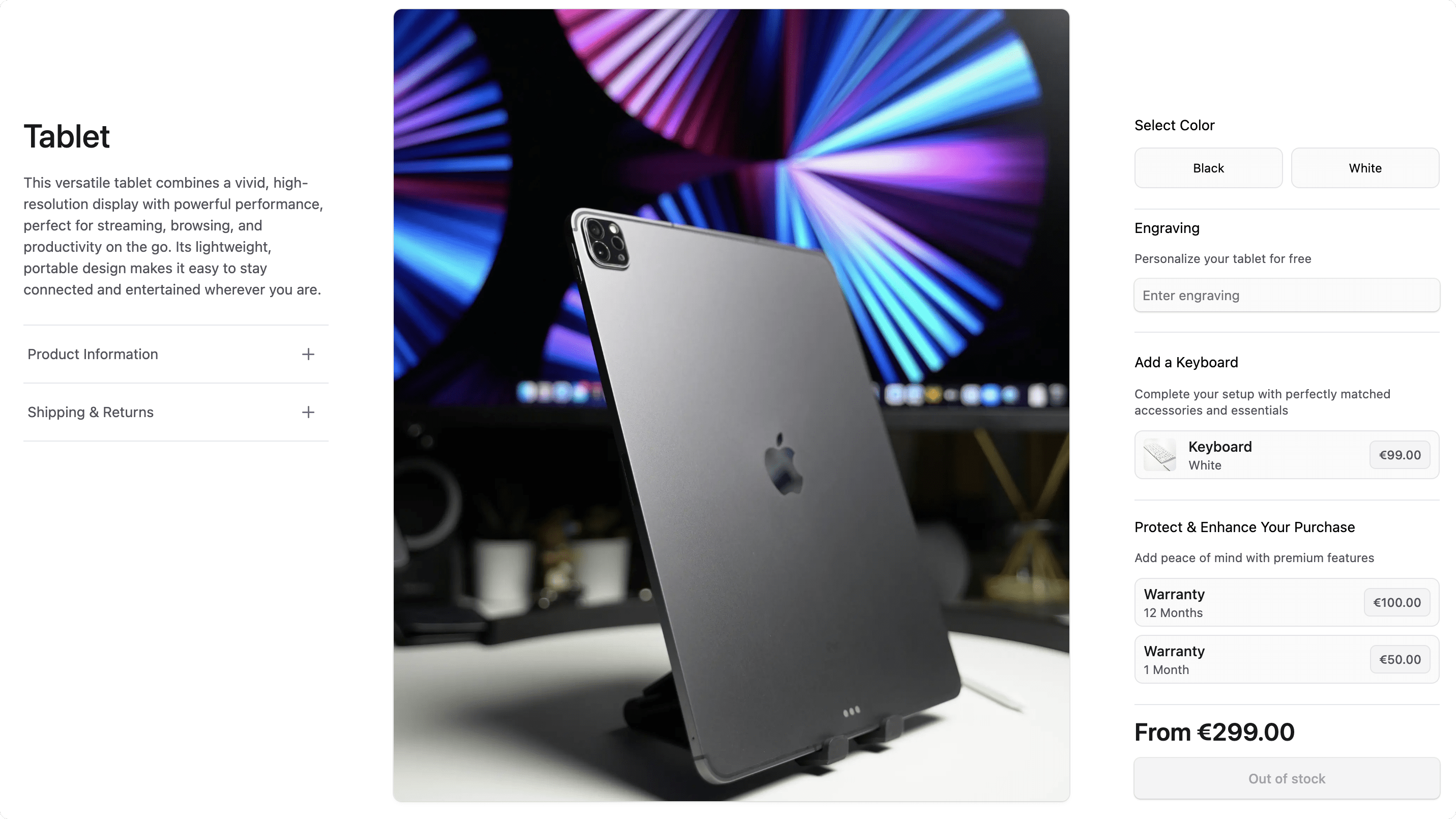 Screenshot of how the product builder will look like in the storefront