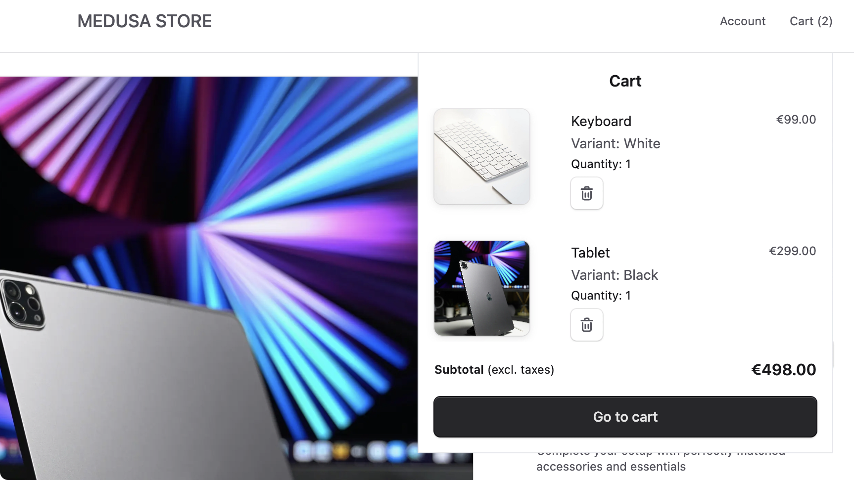 Cart dropdown showing the product with its complementary product