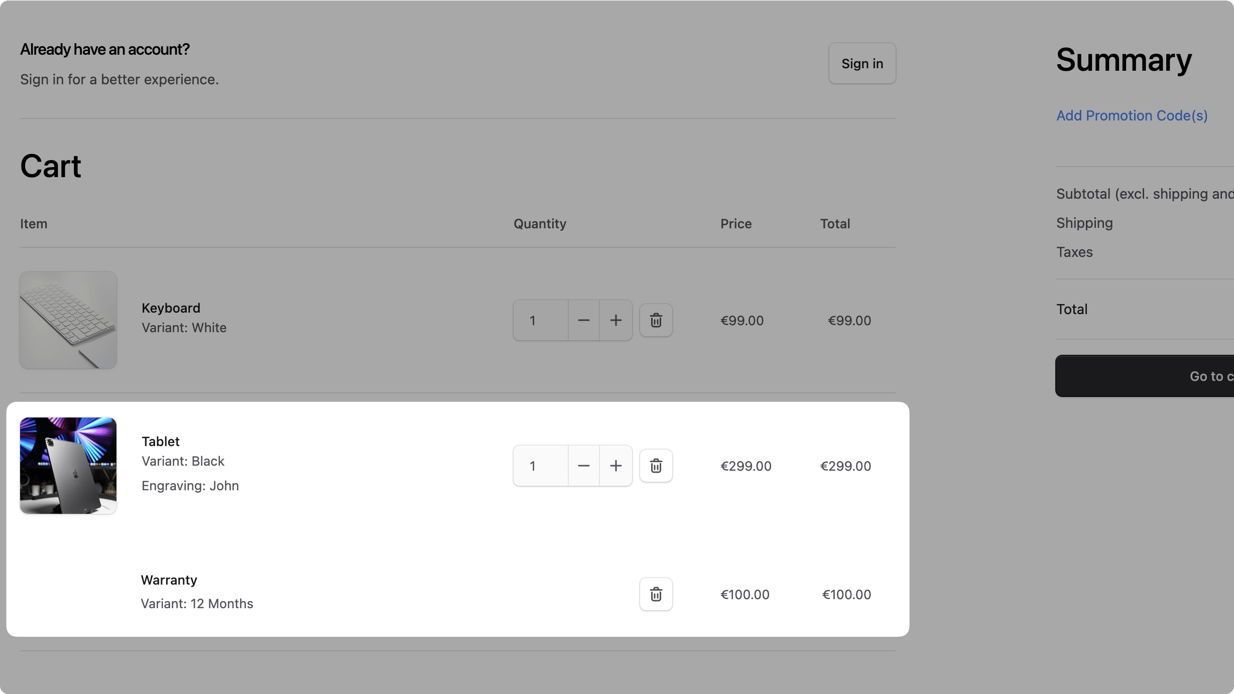 Screenshot showcasing which areas of the cart page will be updated and how they'll look like