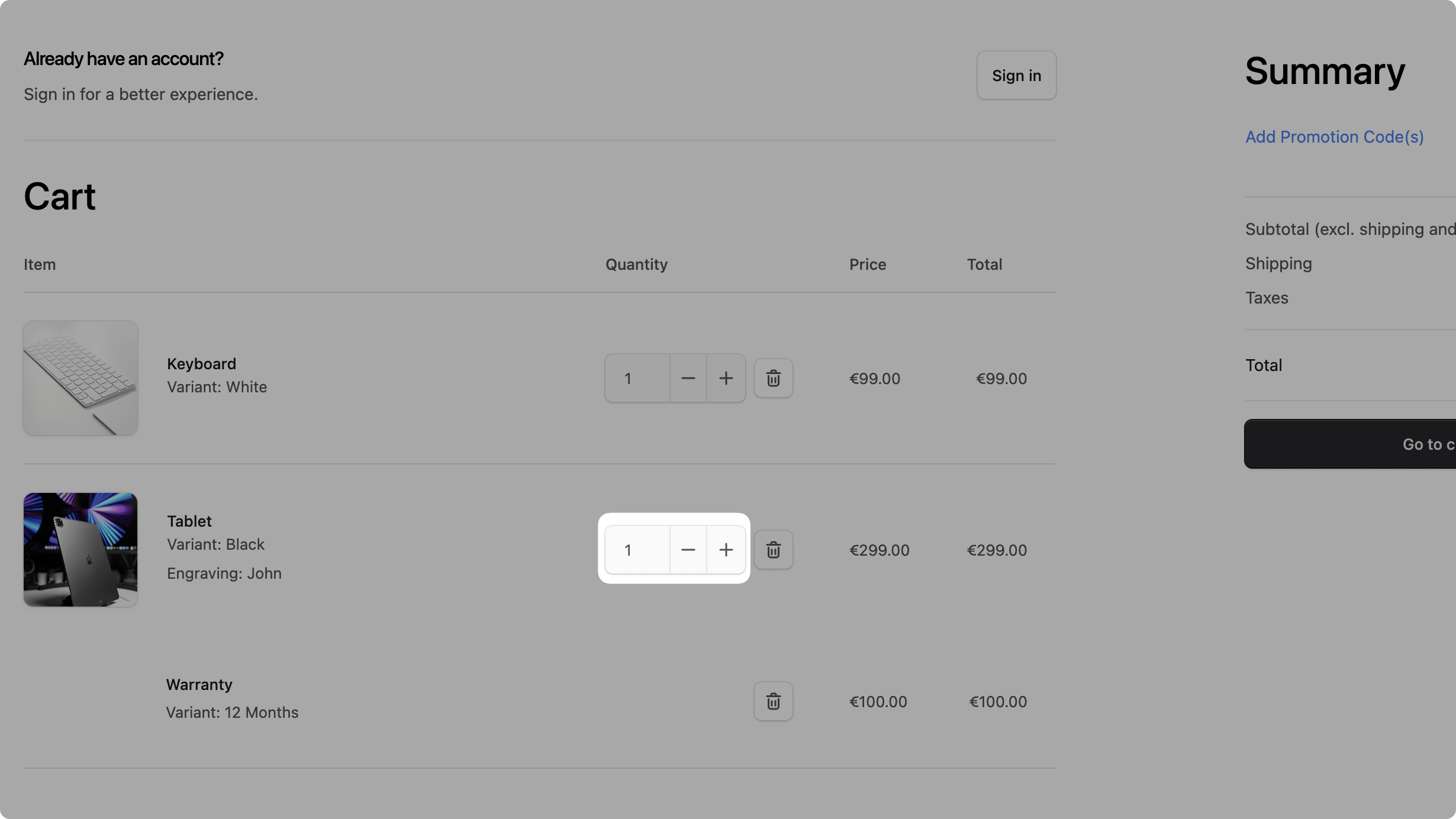 Screenshot showcasing the updated quantity changer component