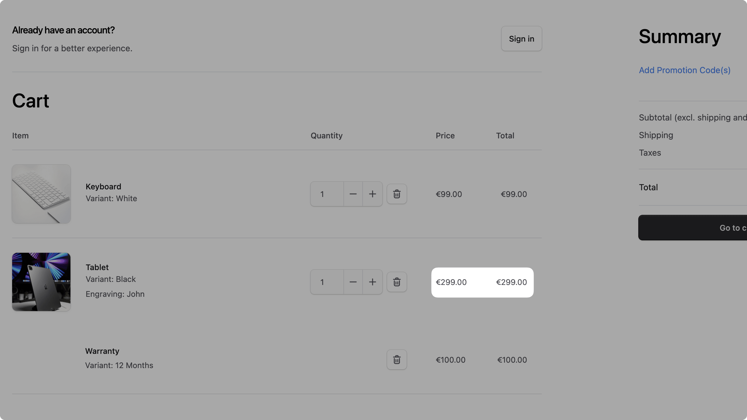 Screenshot showcasing the updated item price components