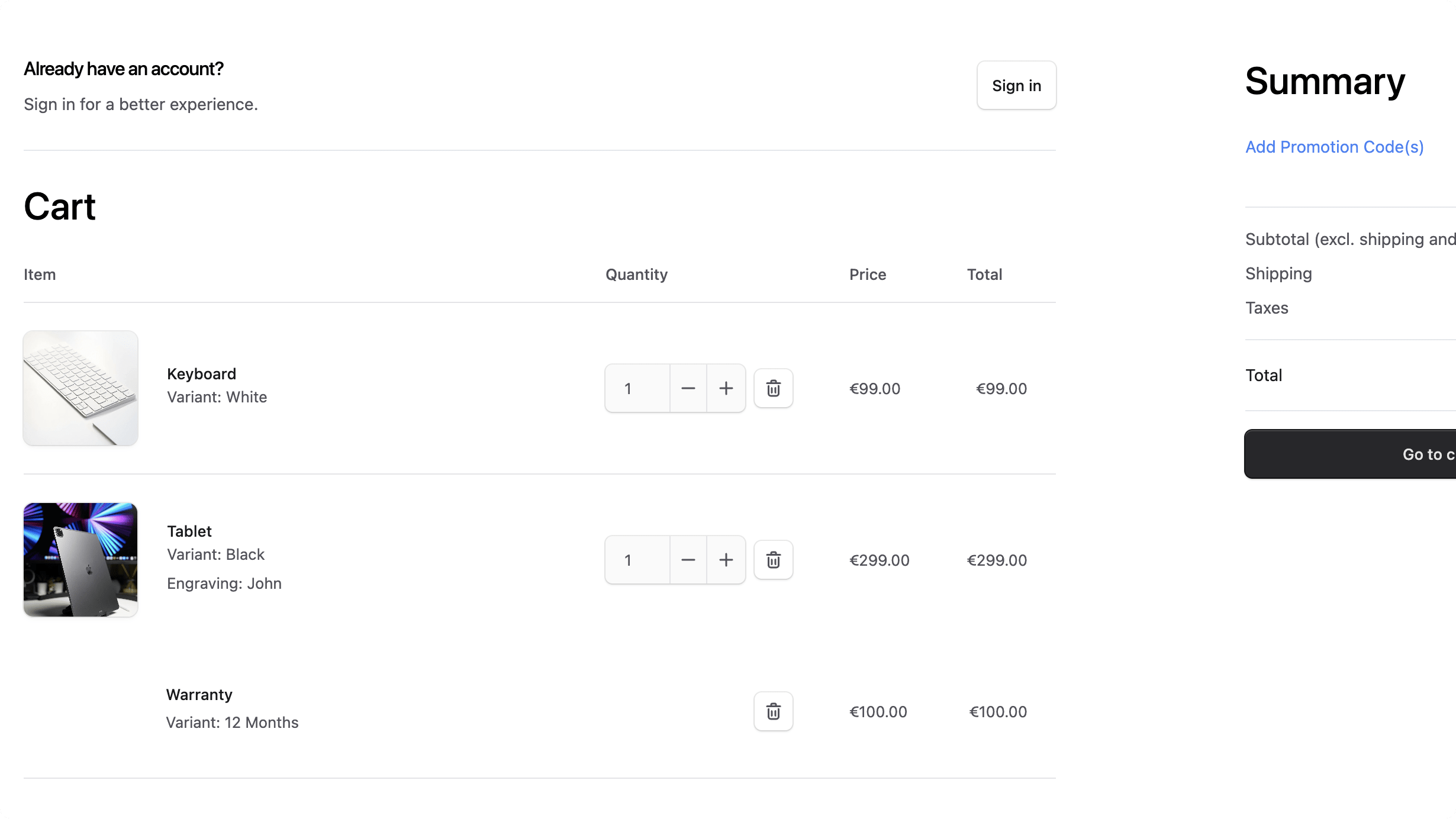 Screenshot showcasing the updated cart page with custom fields and addon products