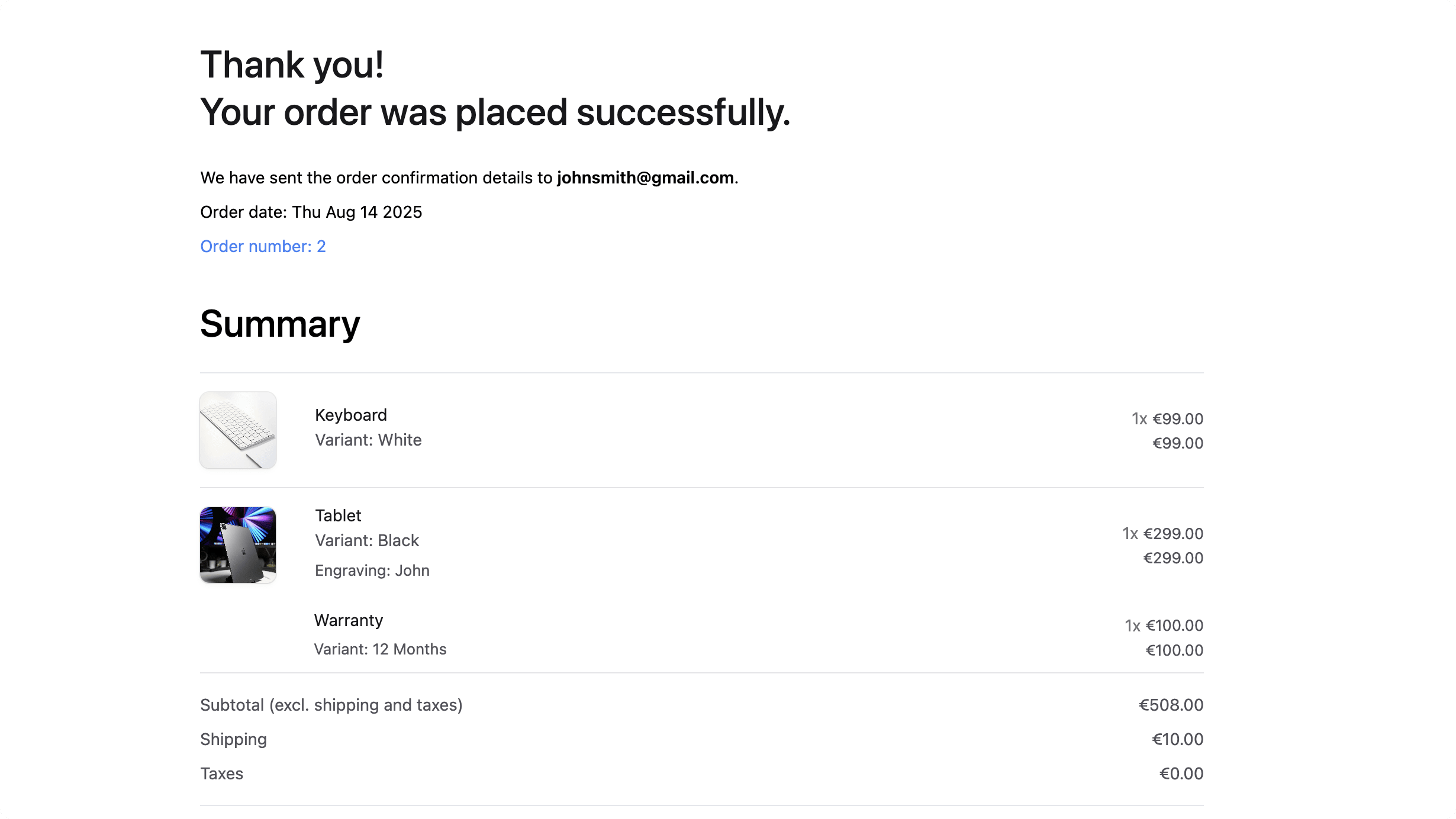 Updated order confirmation page