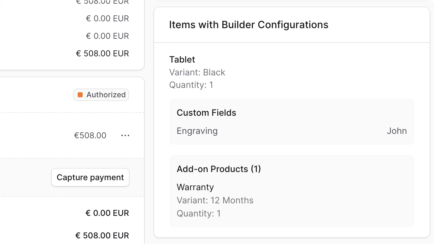 Widget on the order details page showing the builder configurations for each item