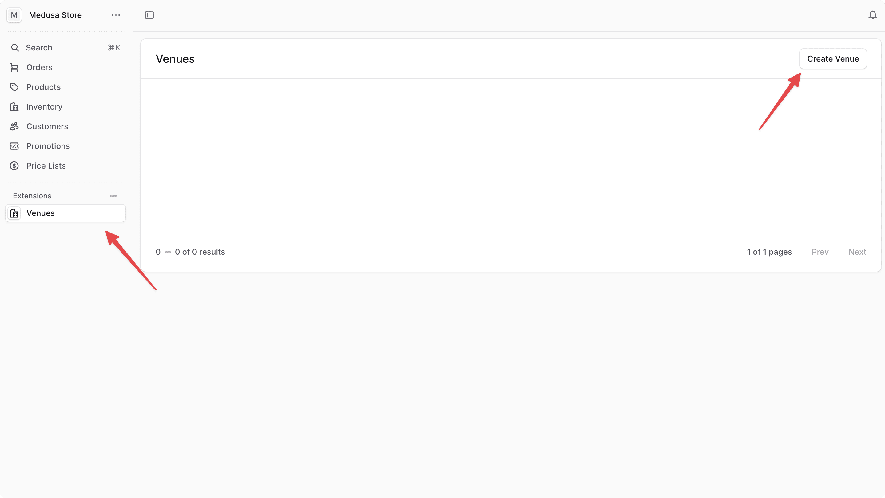 Venues Page in the Medusa Admin with an empty table