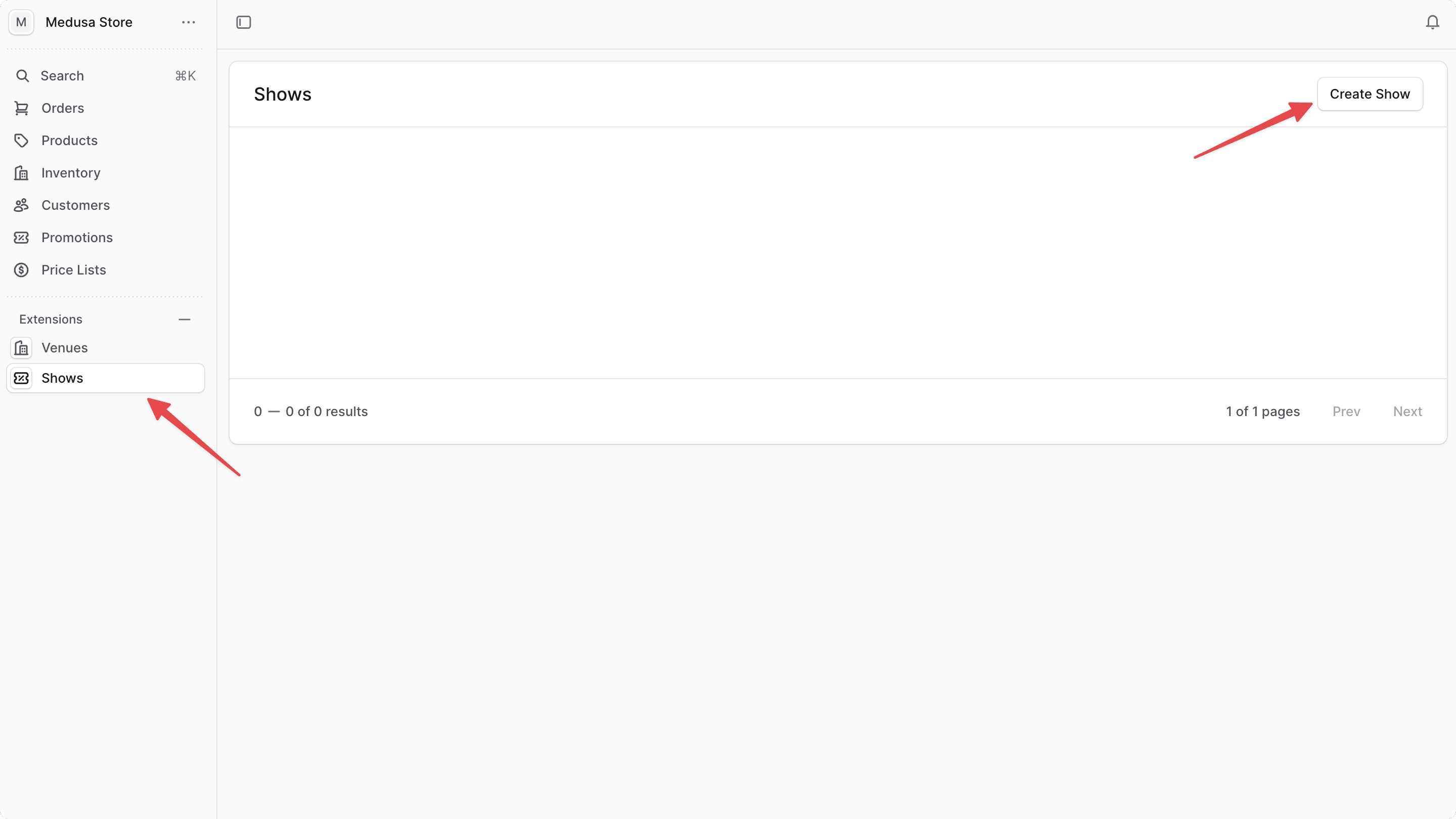 Shows page with the table of ticket products and a button to create a new show