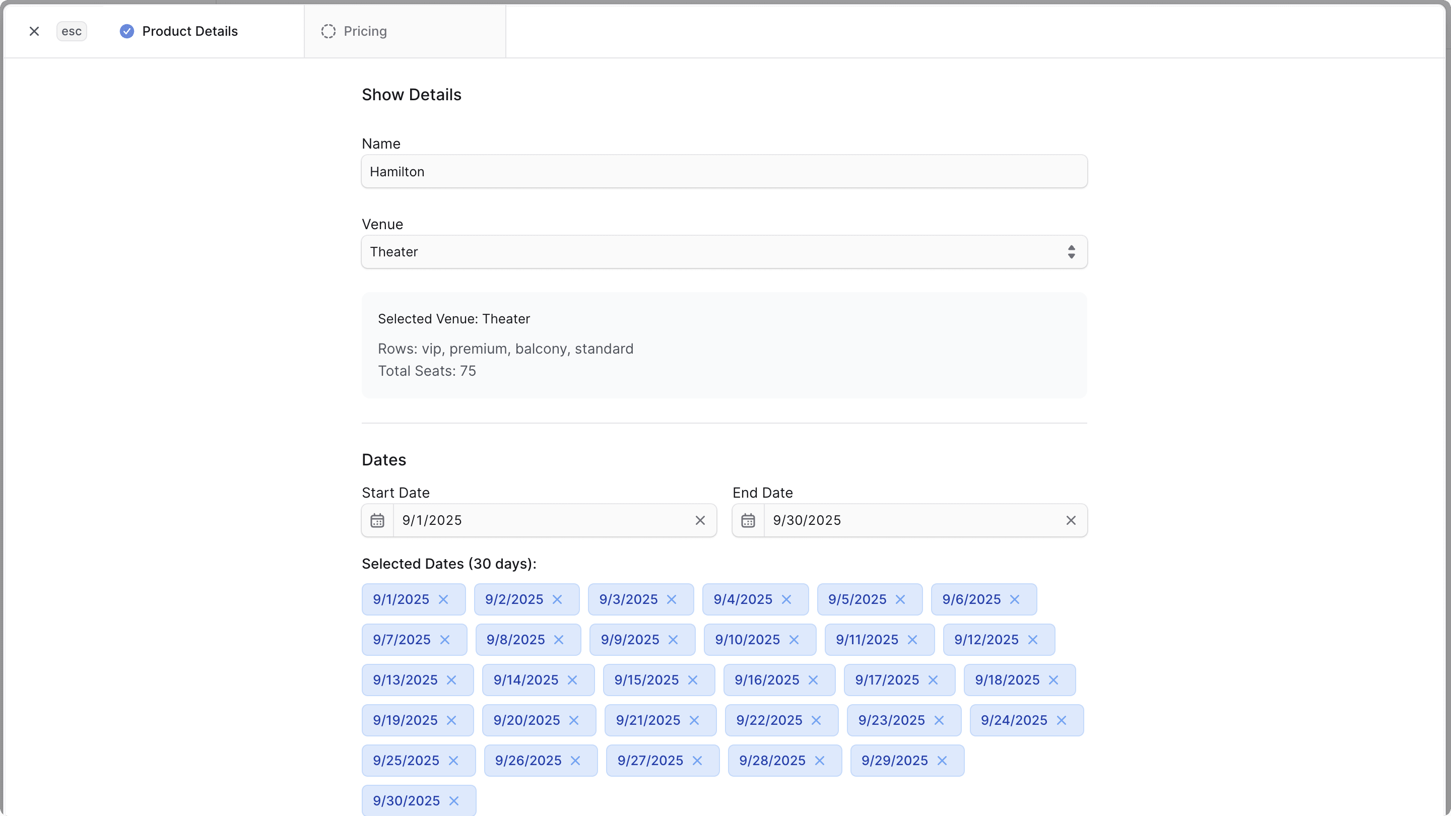 Create Show modal with the Product Details step