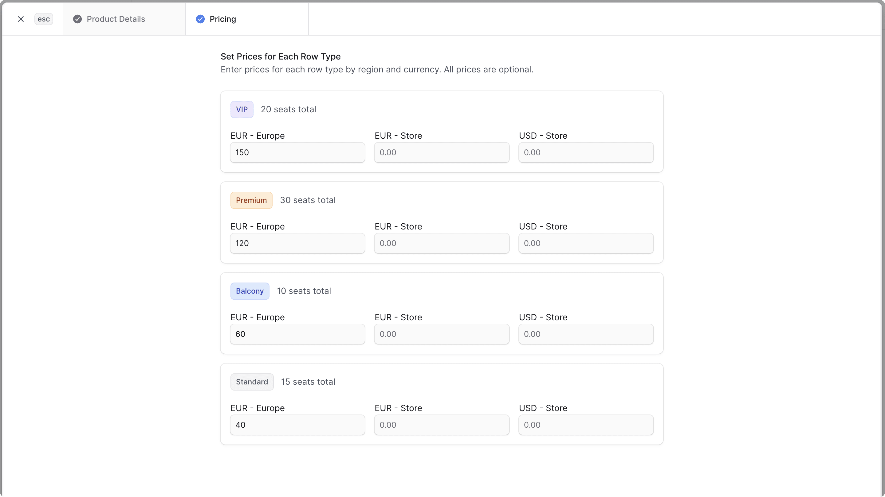 Create Show modal with the Pricing step