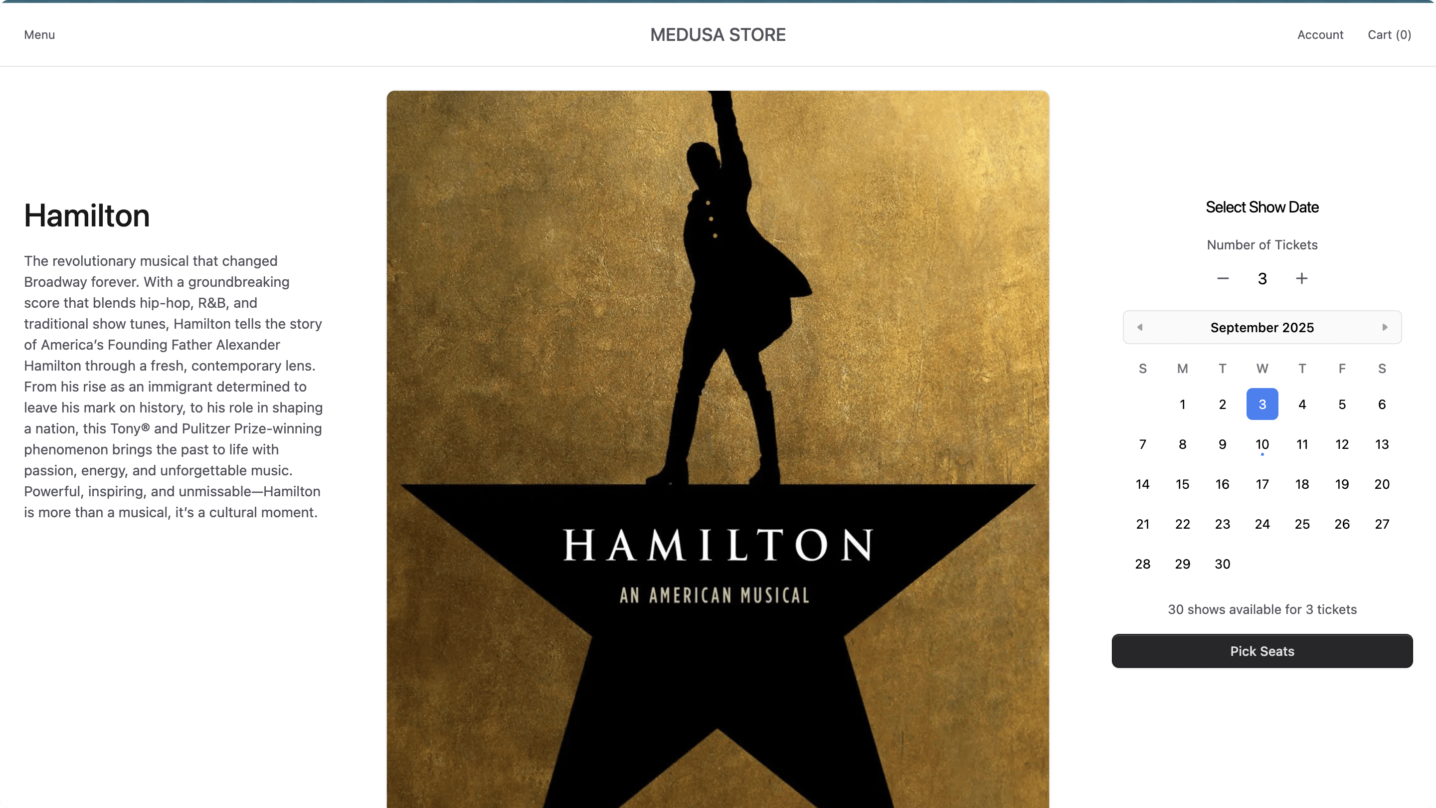 Product page for a ticket product with date selector