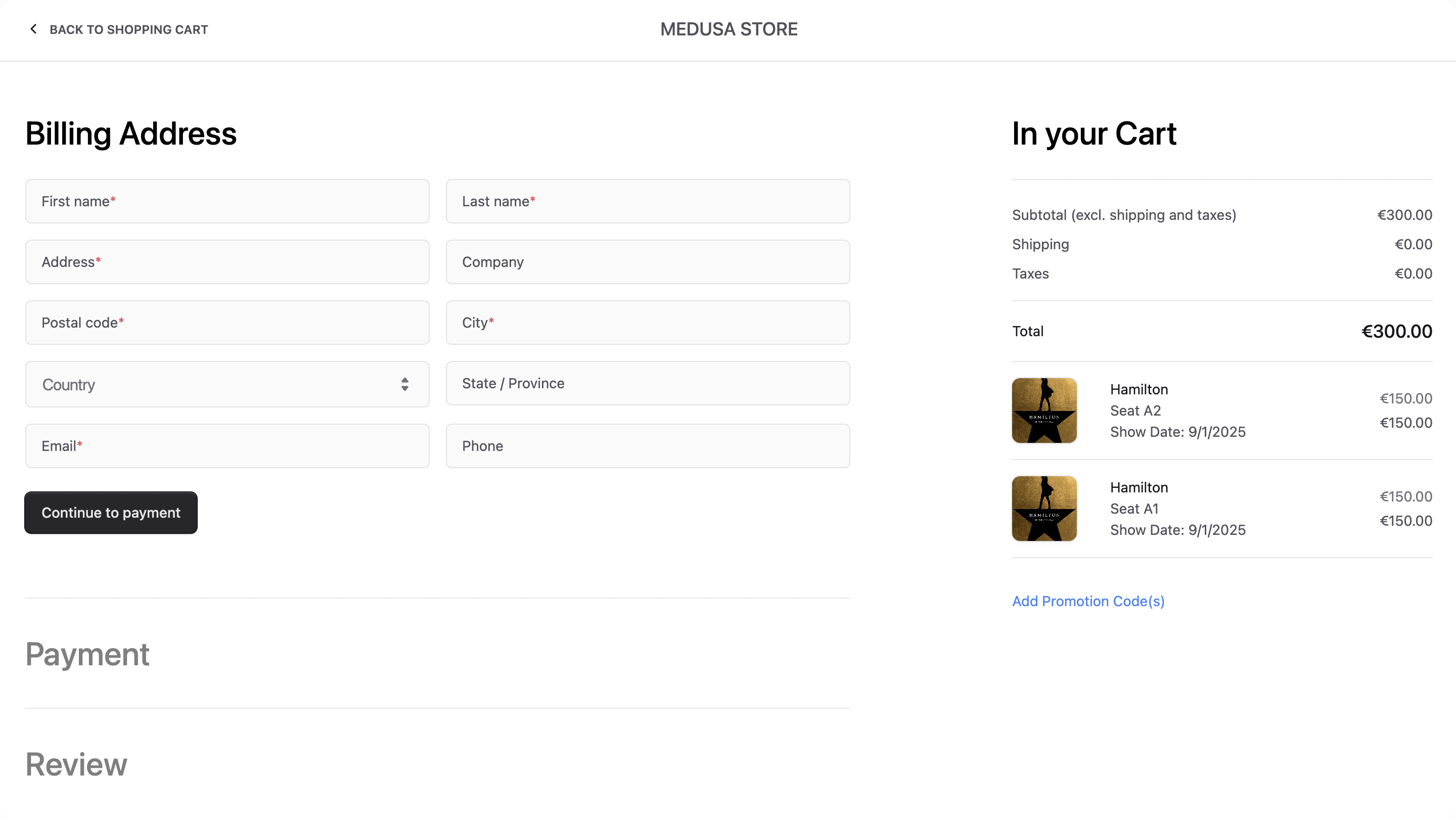 Checkout page with three steps: Billing Address, Payment, and Review