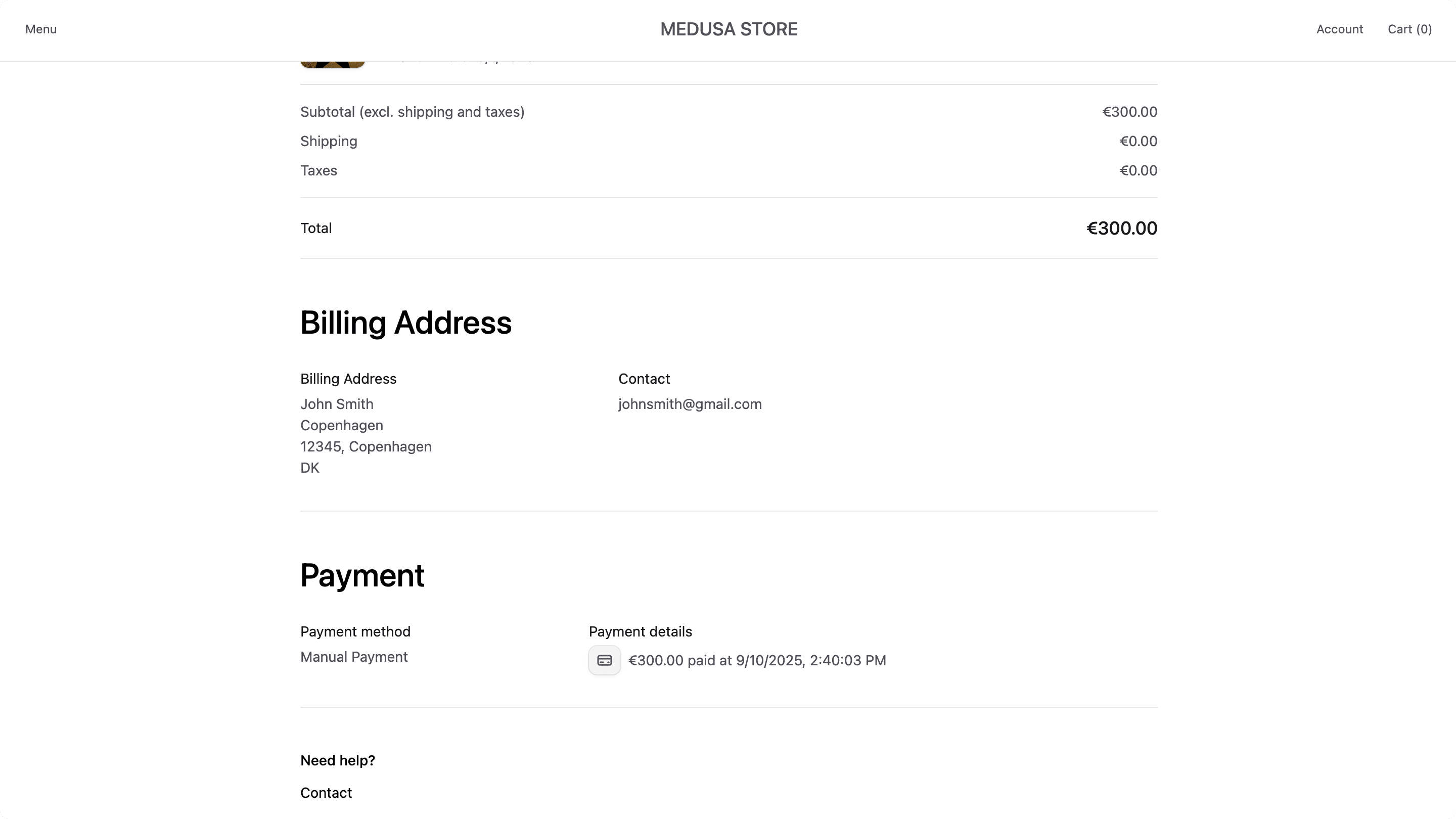Order confirmation page showing billing details
