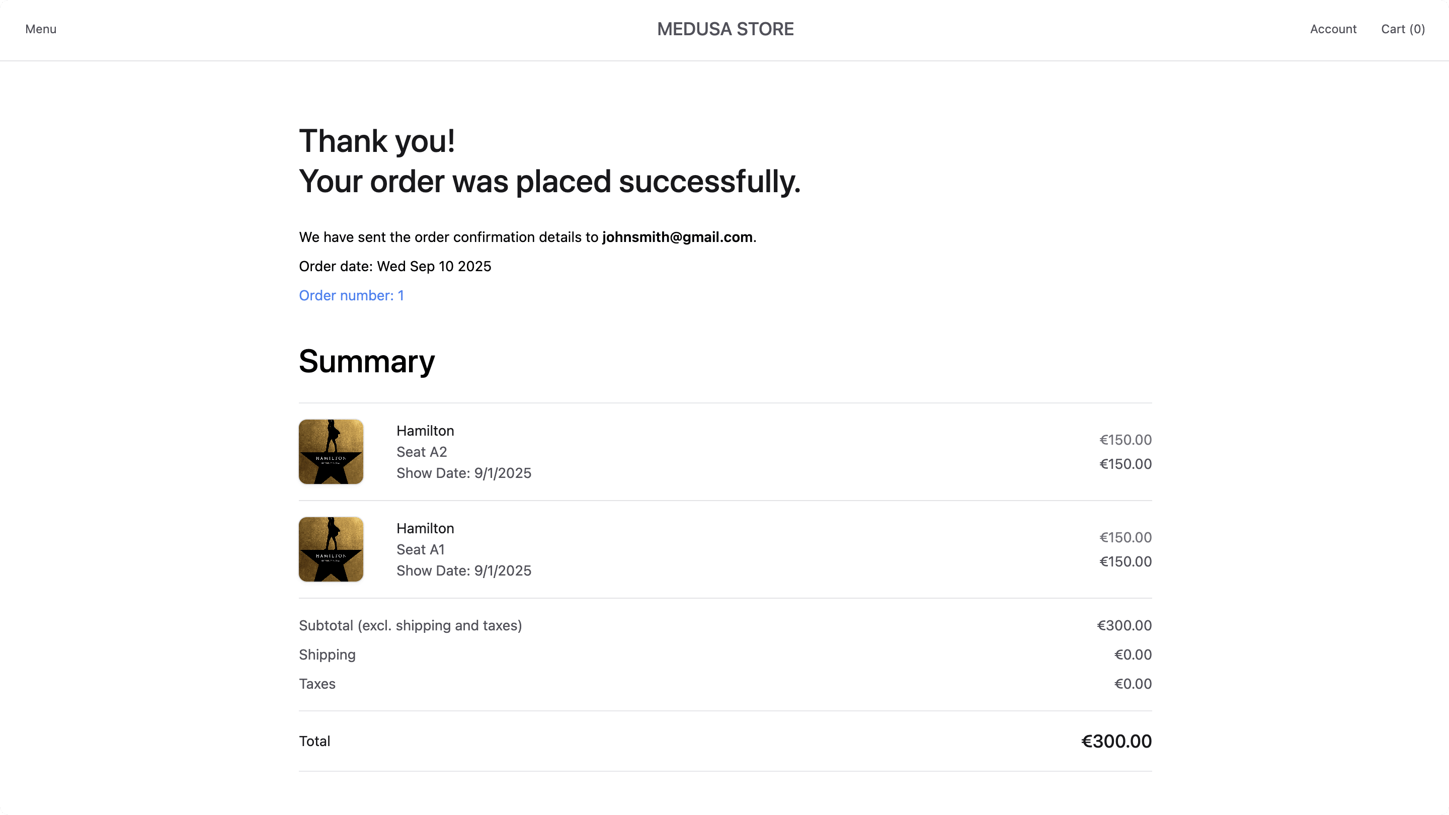 Order confirmation page showing selected seats and show date for ticket items
