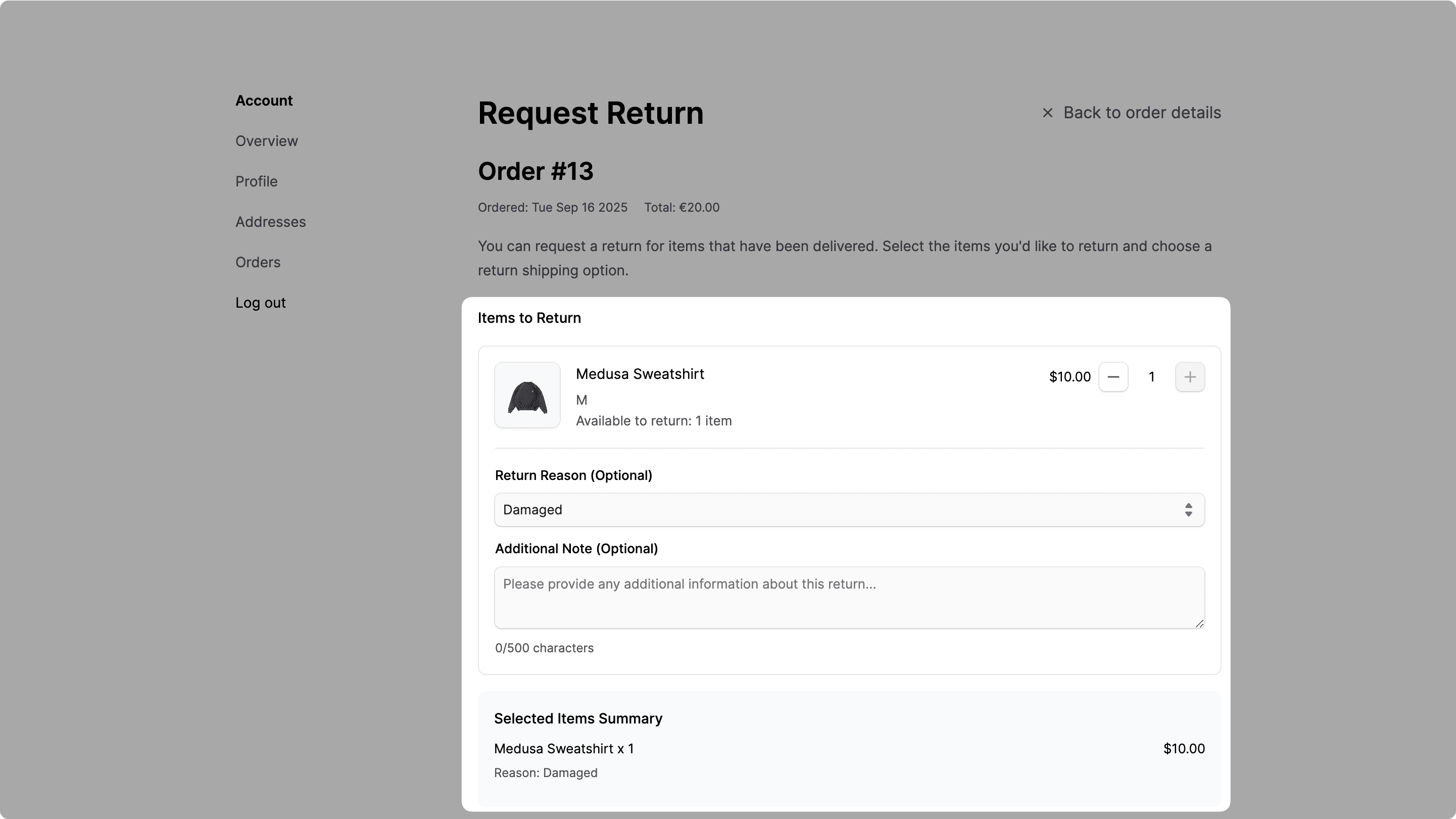 Preview of the return item selector on the request return page