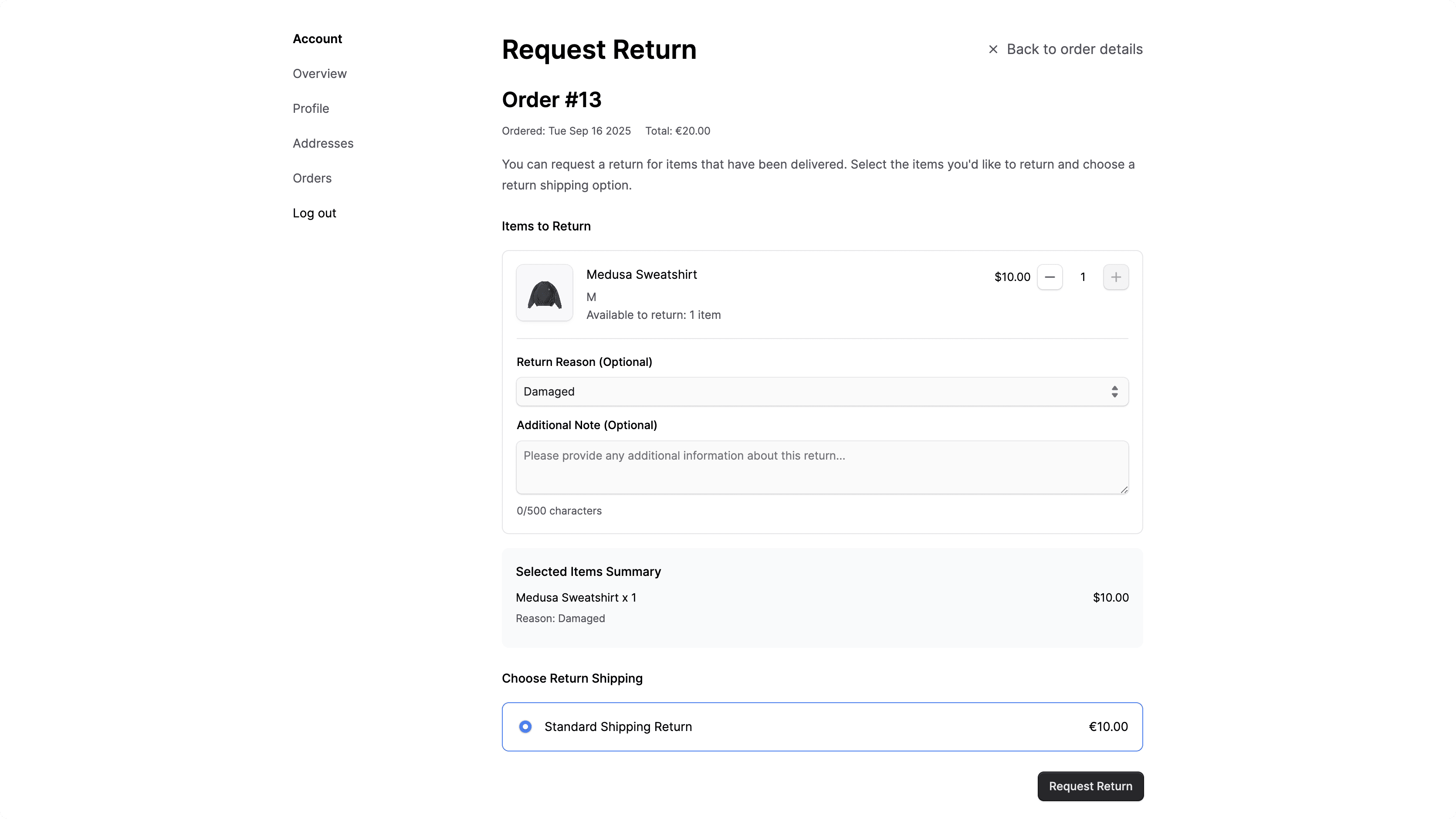 Request return page in storefront