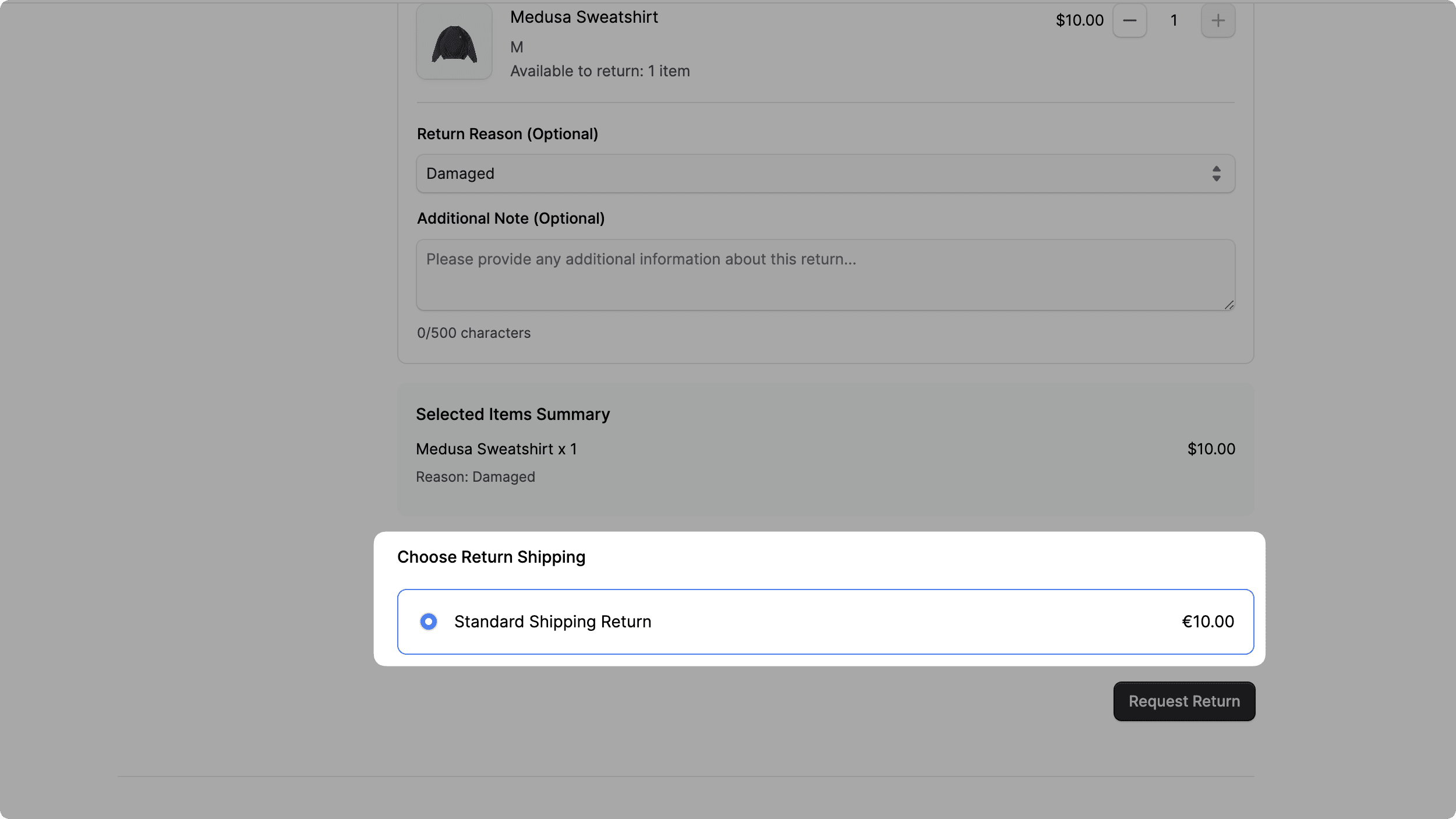 Preview of the return shipping selector on the request return page