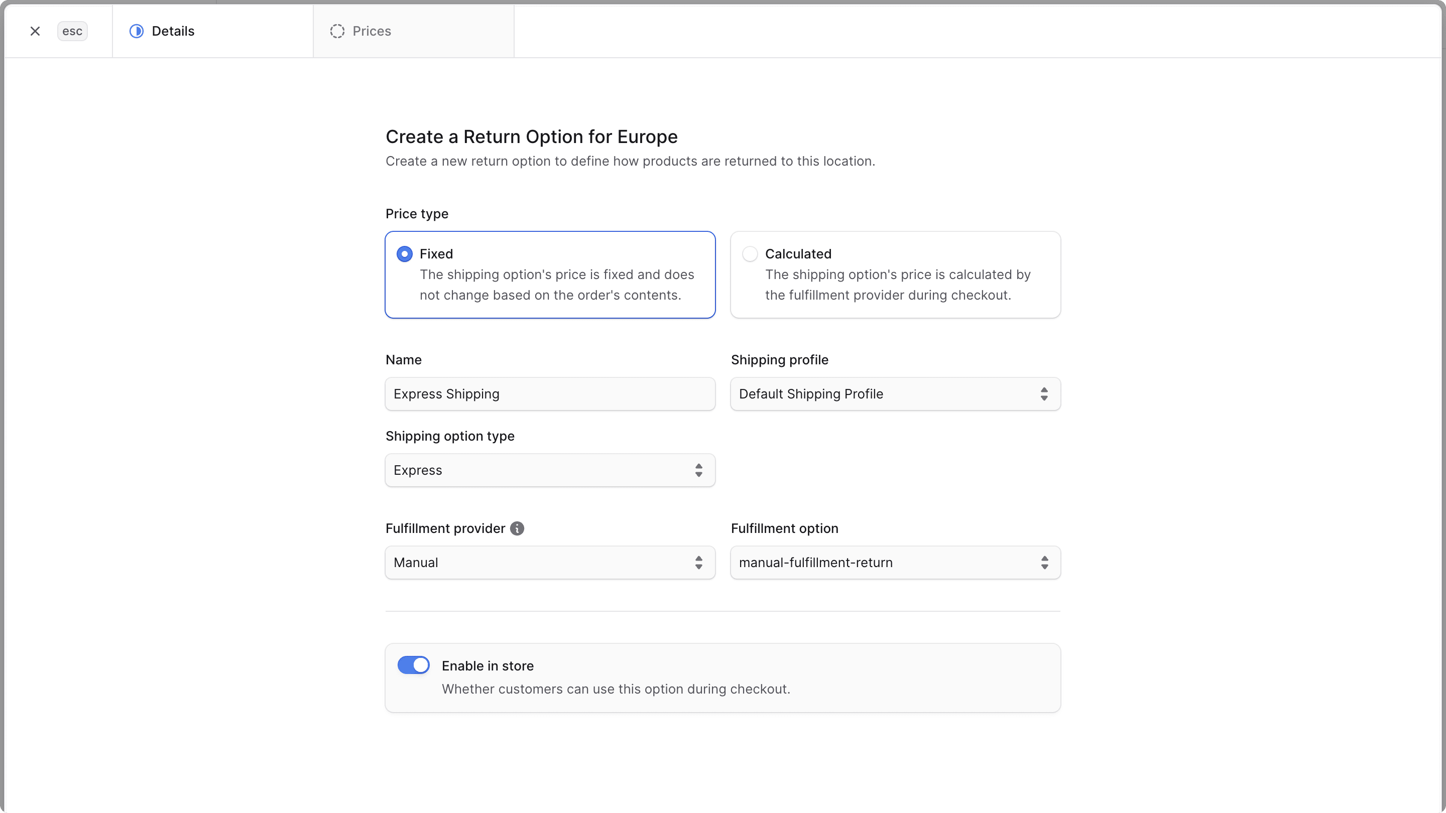 Form to create a return shipping option in the Medusa Admin