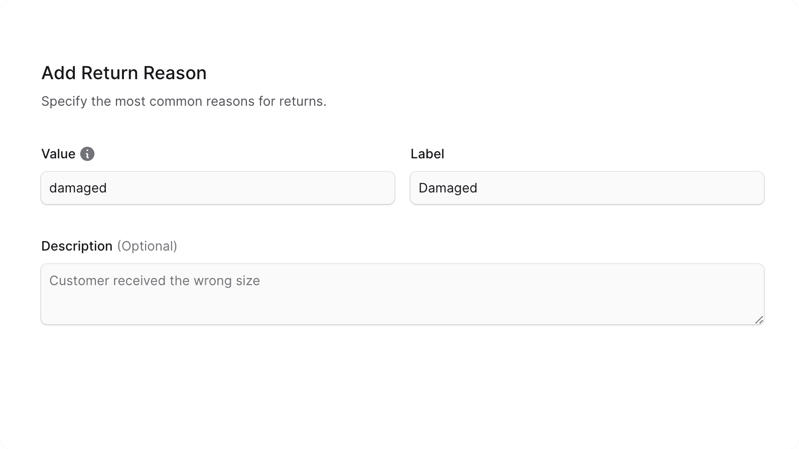 Form to create a return reason in the Medusa Admin
