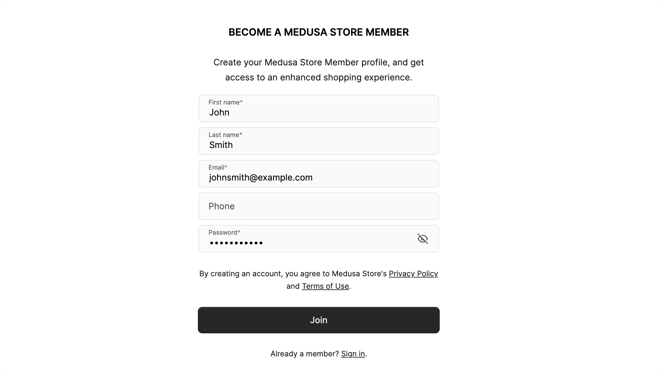 Form to create a customer account in the Next.js Starter Storefront