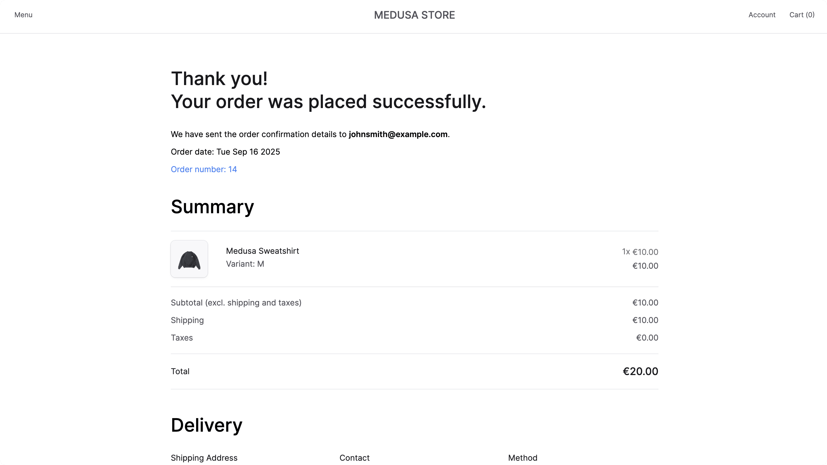 Order confirmation page in the Next.js Starter Storefront
