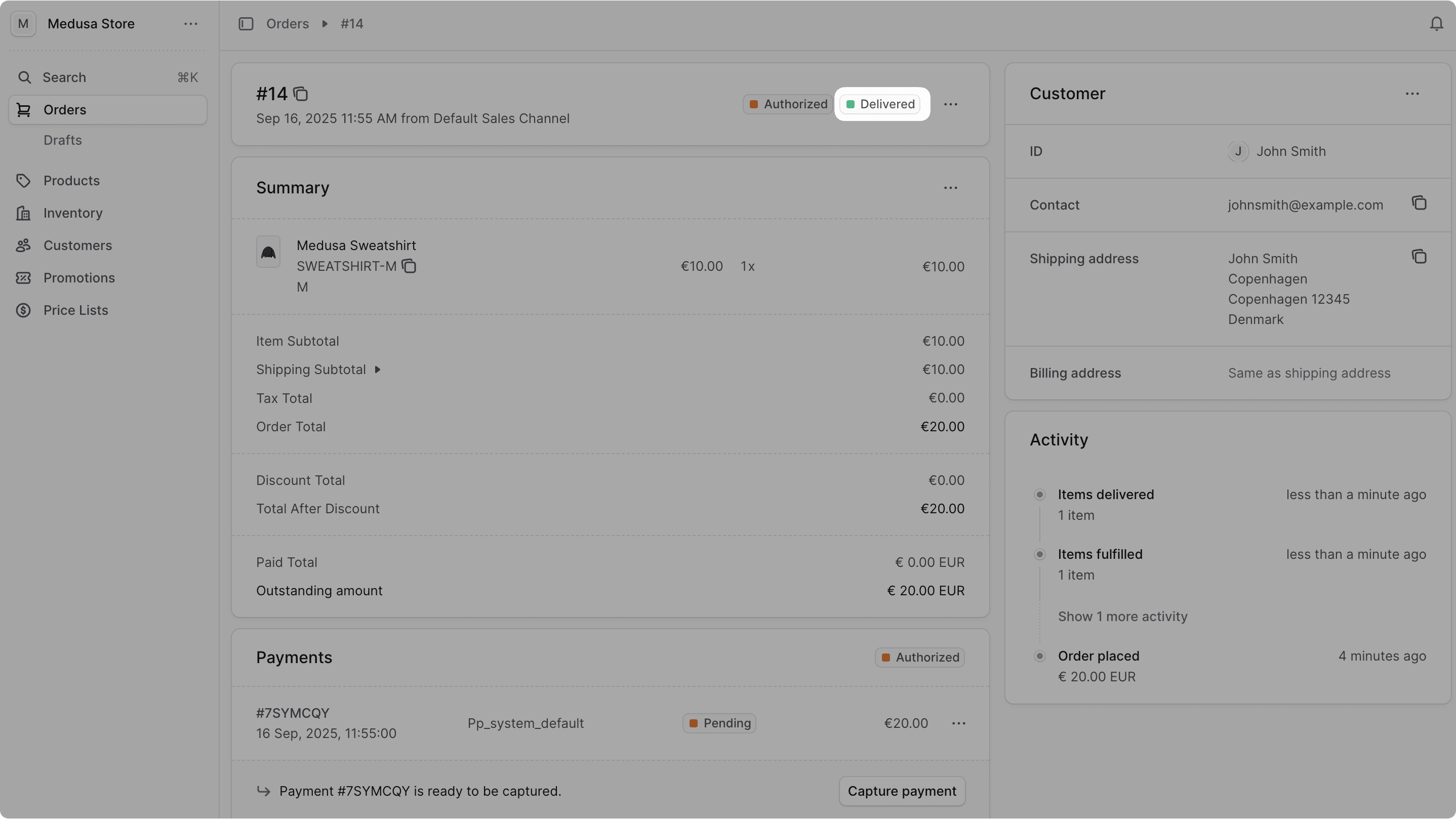 Order details page in the Medusa Admin showing the fulfillment status as "Delivered"