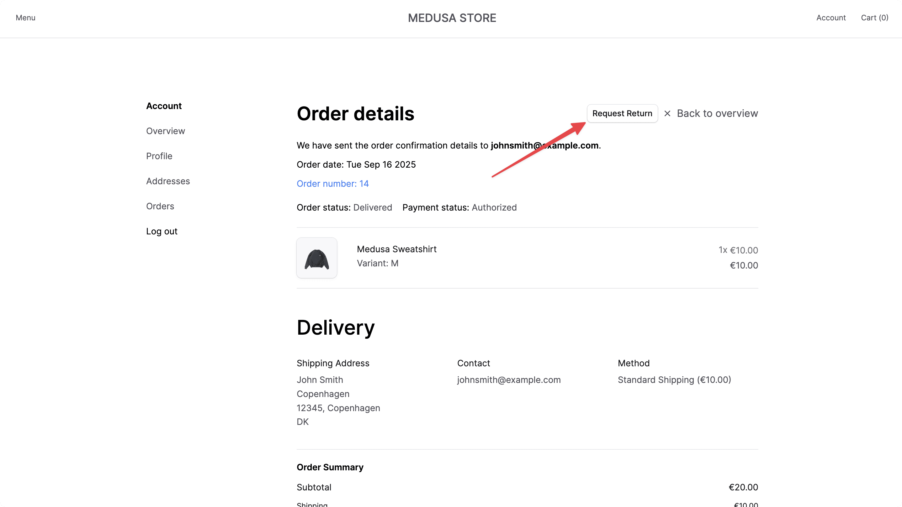 Order details page in the Next.js Starter Storefront showing the "Request Return" button