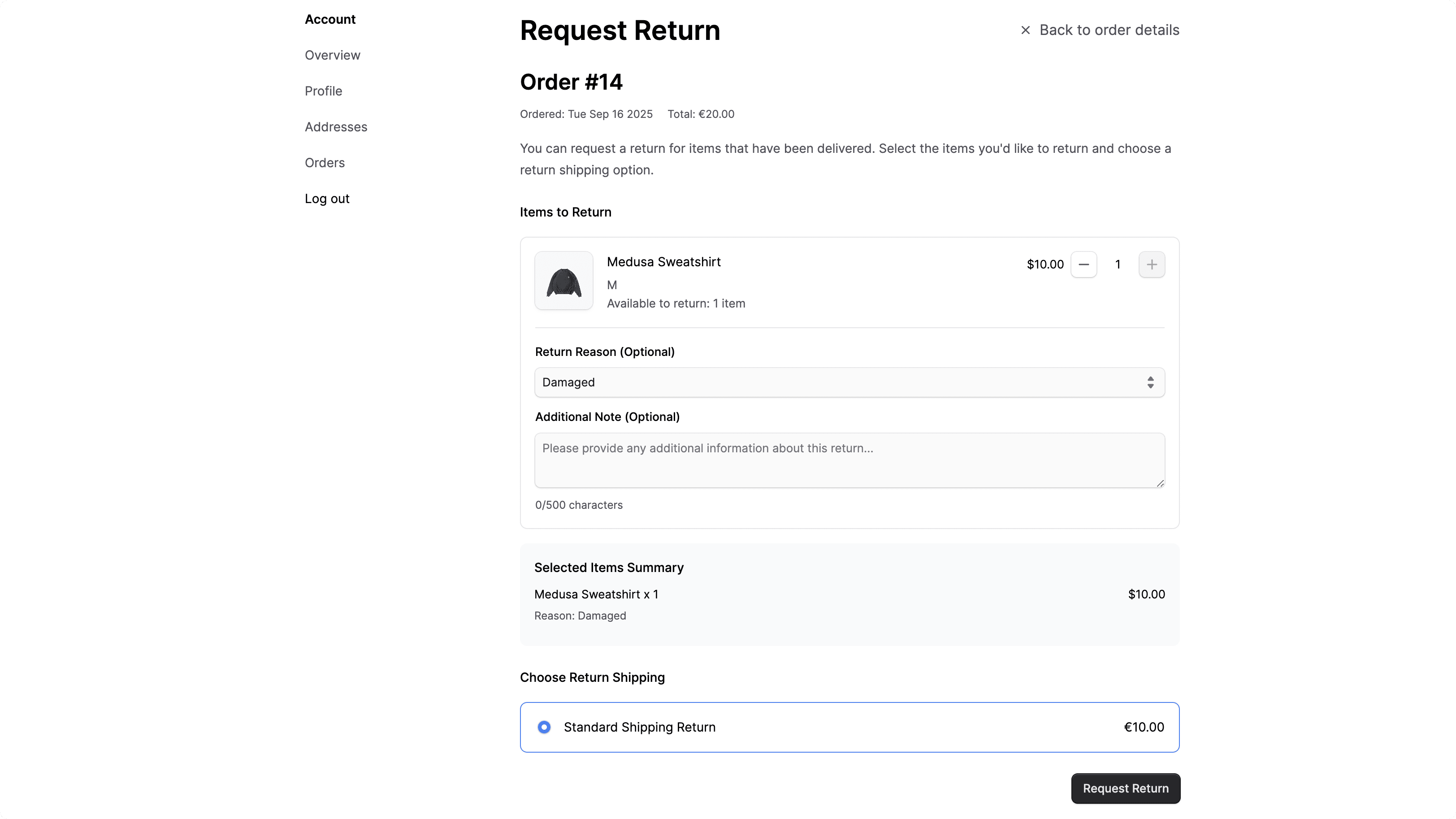 Request Return page in the Next.js Starter Storefront showing the item and shipping selectors