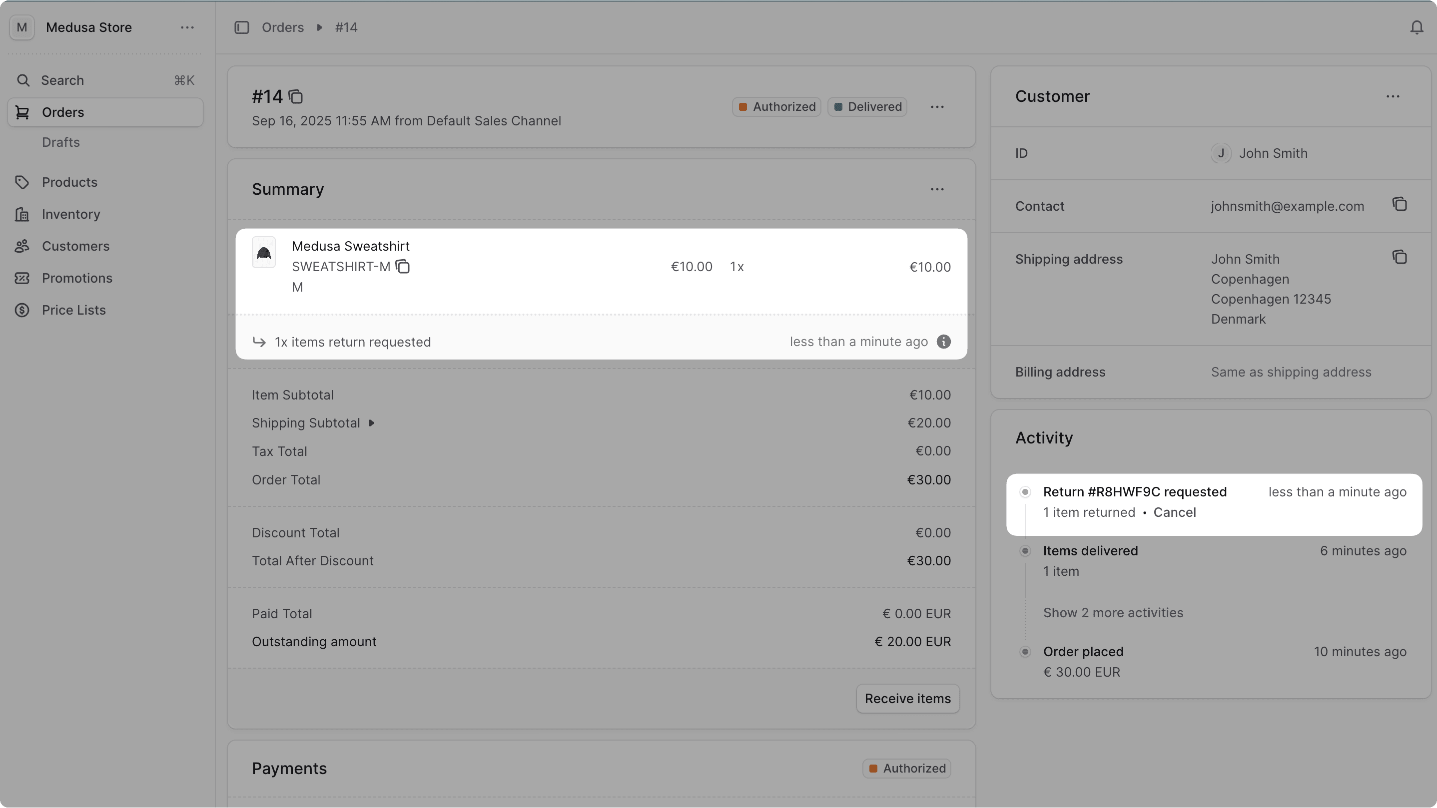 Order details page in the Medusa Admin showing the requested return in the Activity section