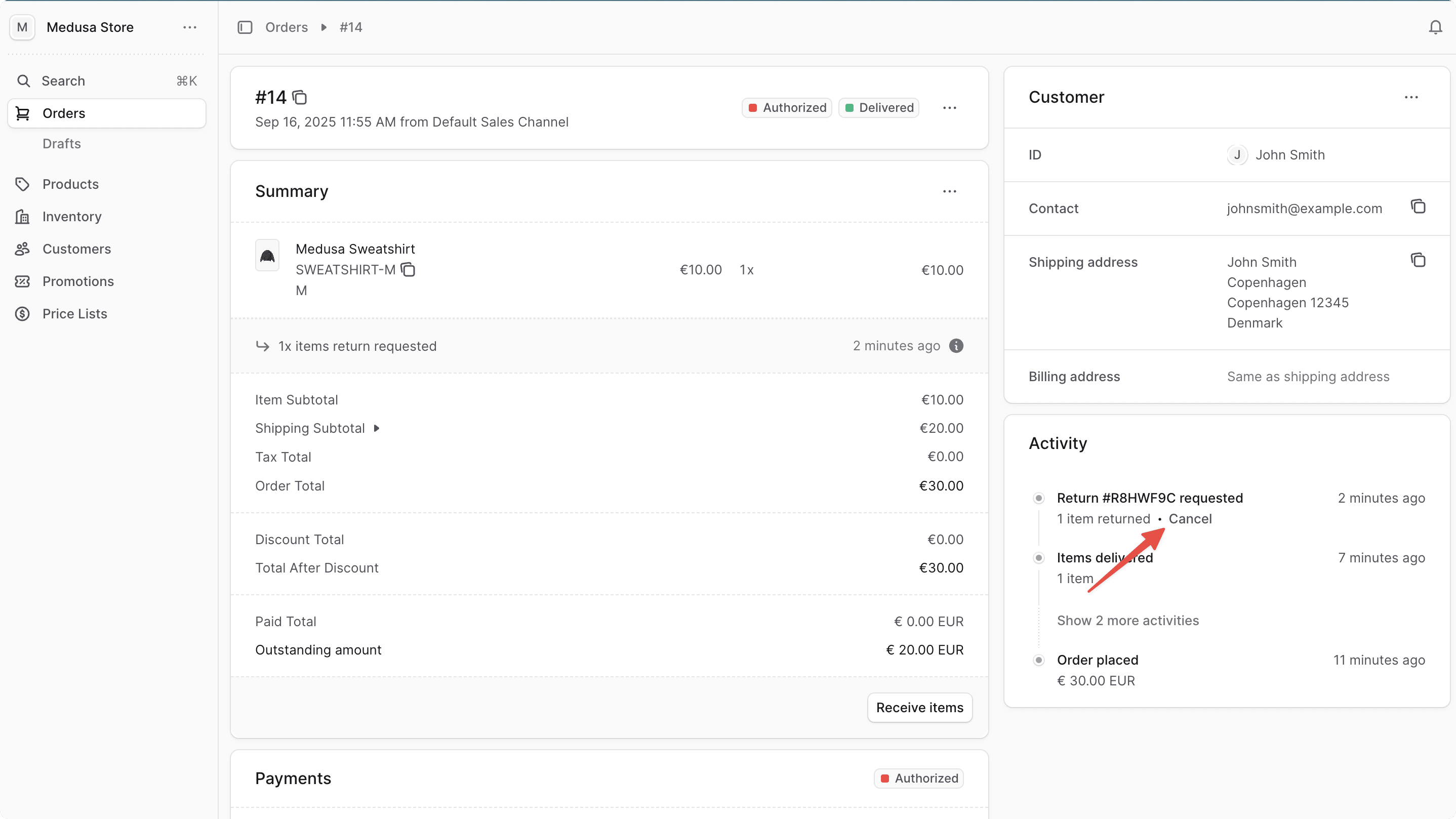 Button to cancel a return request in the Medusa Admin