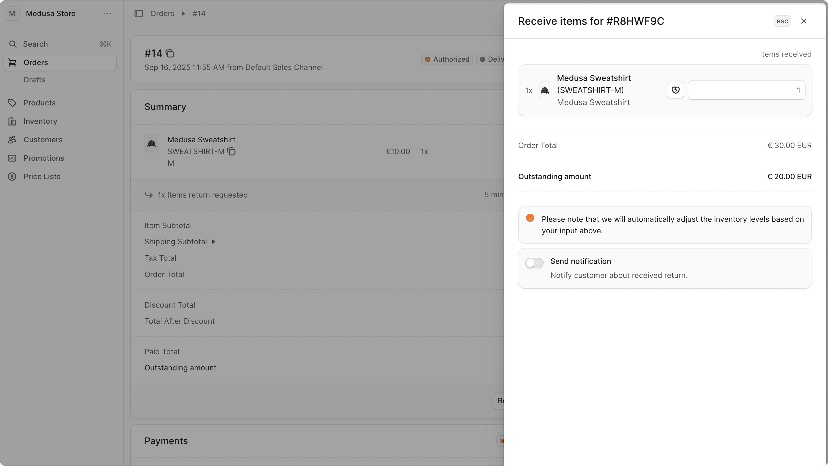 Form to mark return items as received in the Medusa Admin