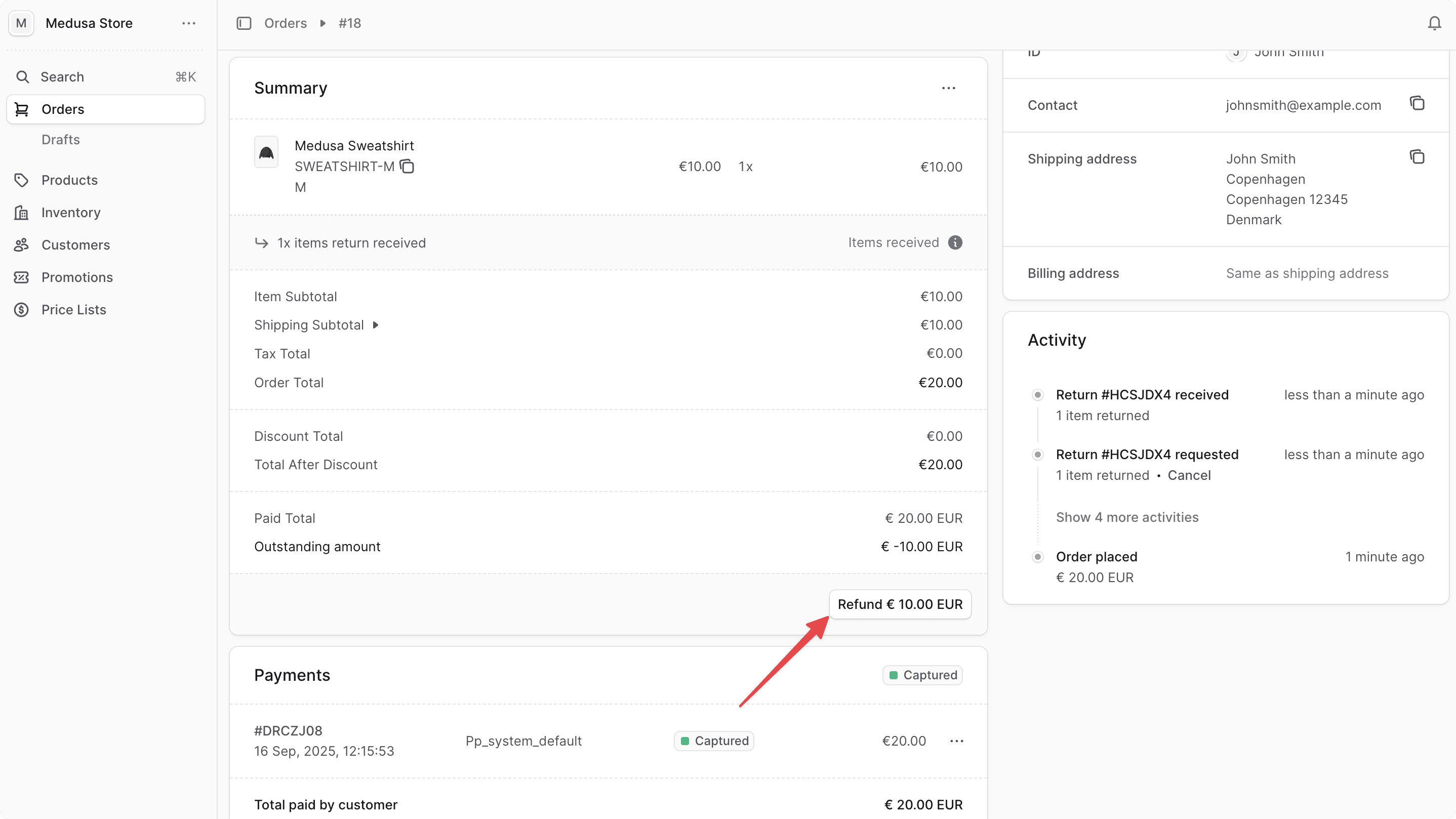 Button to refund the outstanding amount in the Medusa Admin