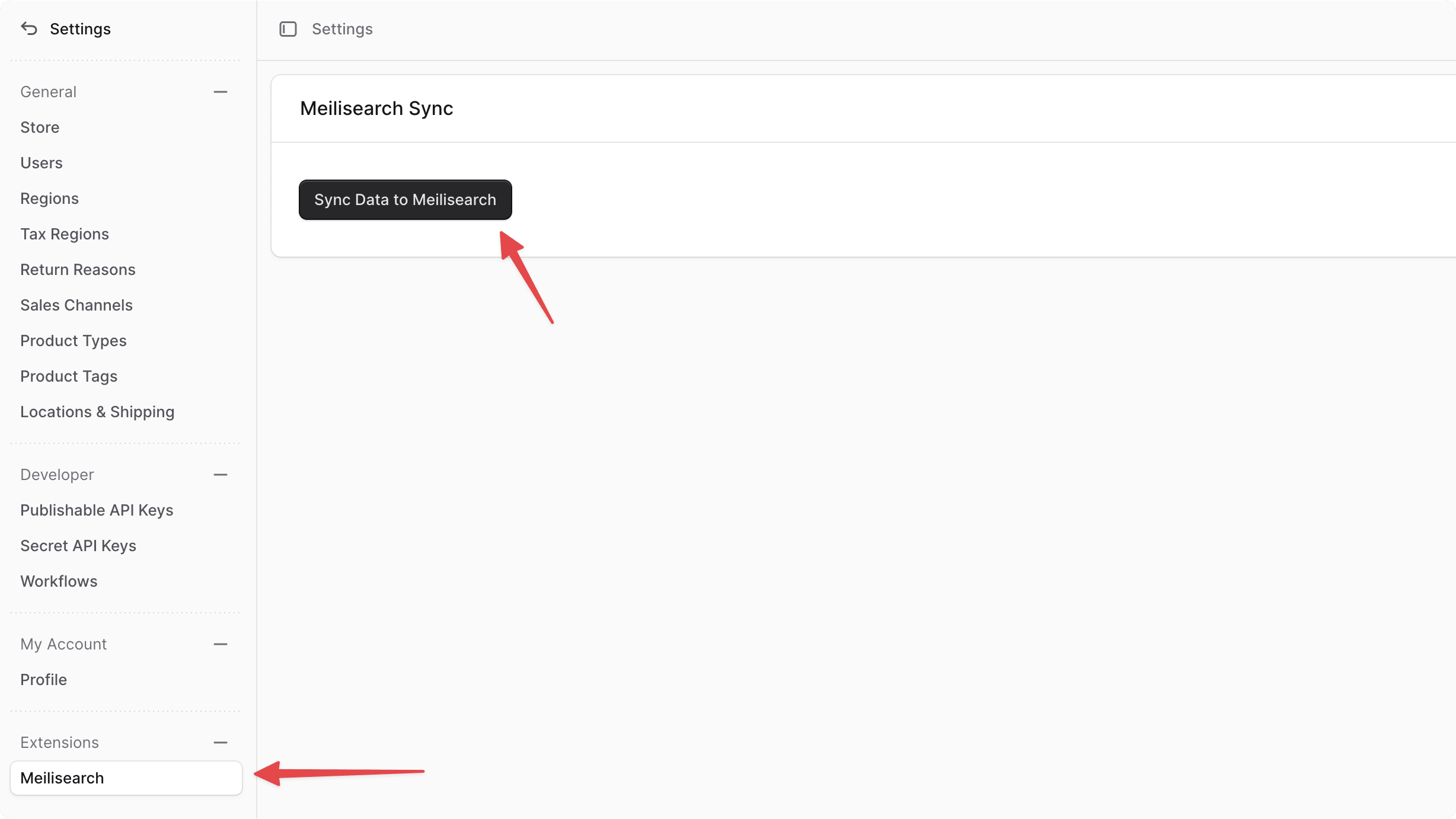 The Meilisearch Sync page in the Medusa Admin dashboard with a button to sync products to Meilisearch