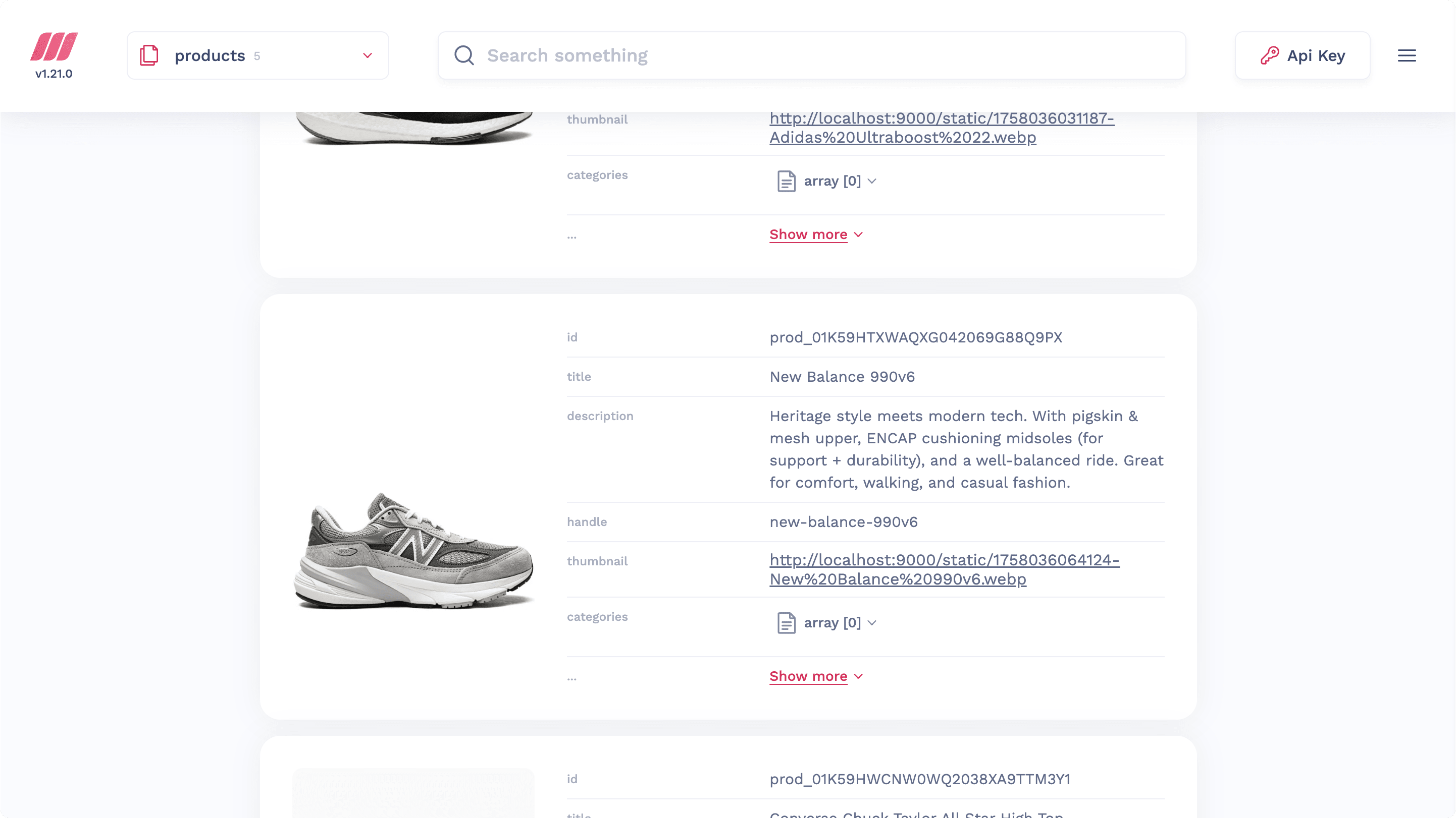 The Meilisearch dashboard showing the indexed products