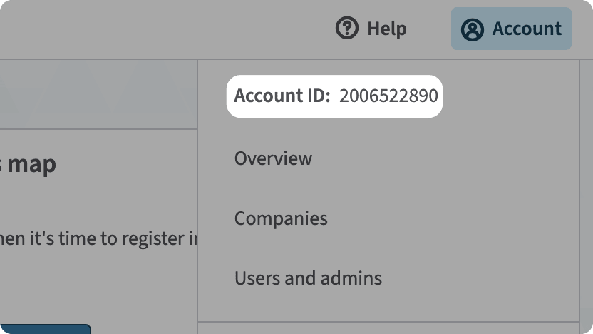 Avalara Account ID in the account dropdown at the top right of the Avalara dashboard