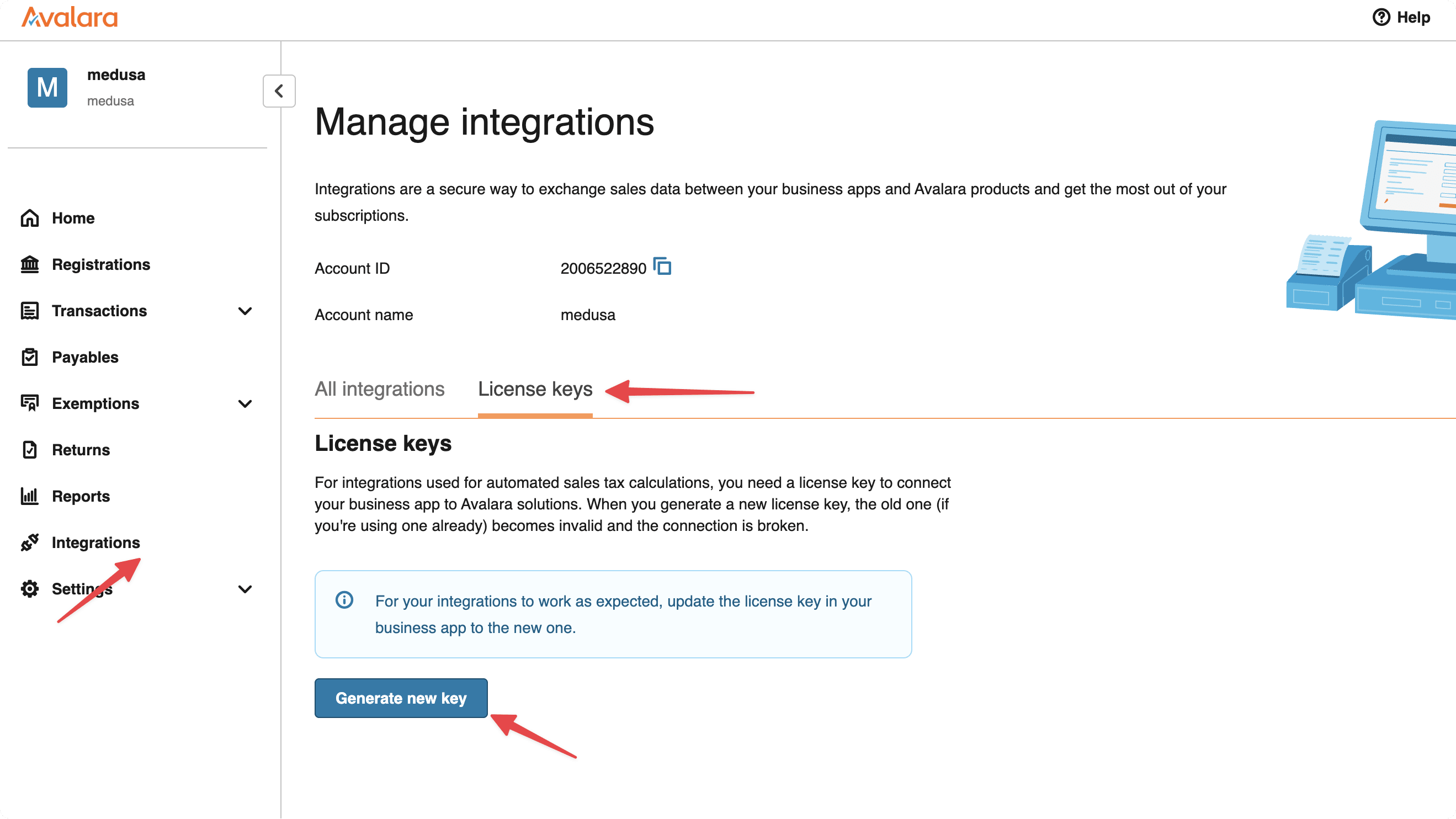 The Avalara license key tab with the "Generate new key" button
