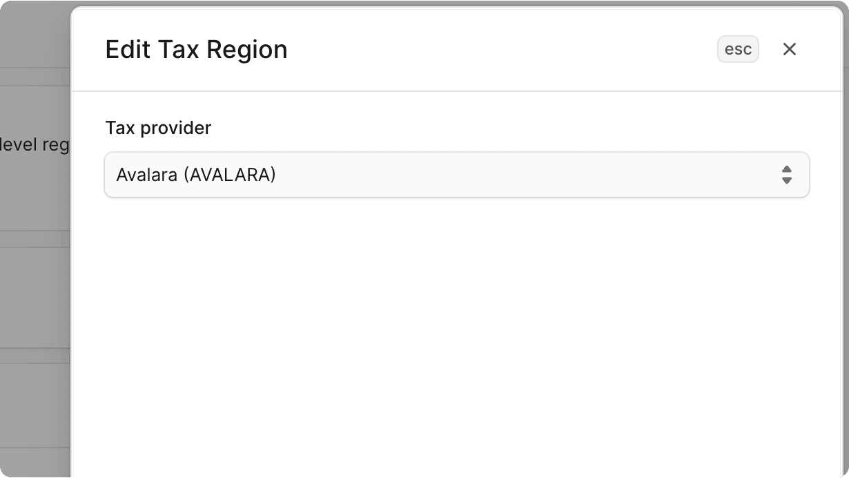 Setting Avalara as the tax provider for a region in the Medusa Admin dashboard