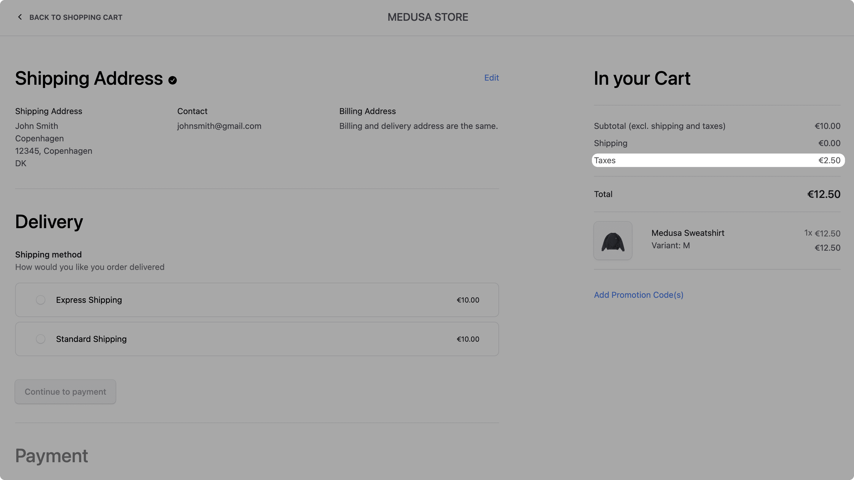 Taxes calculated during checkout in the Next.js Starter Storefront